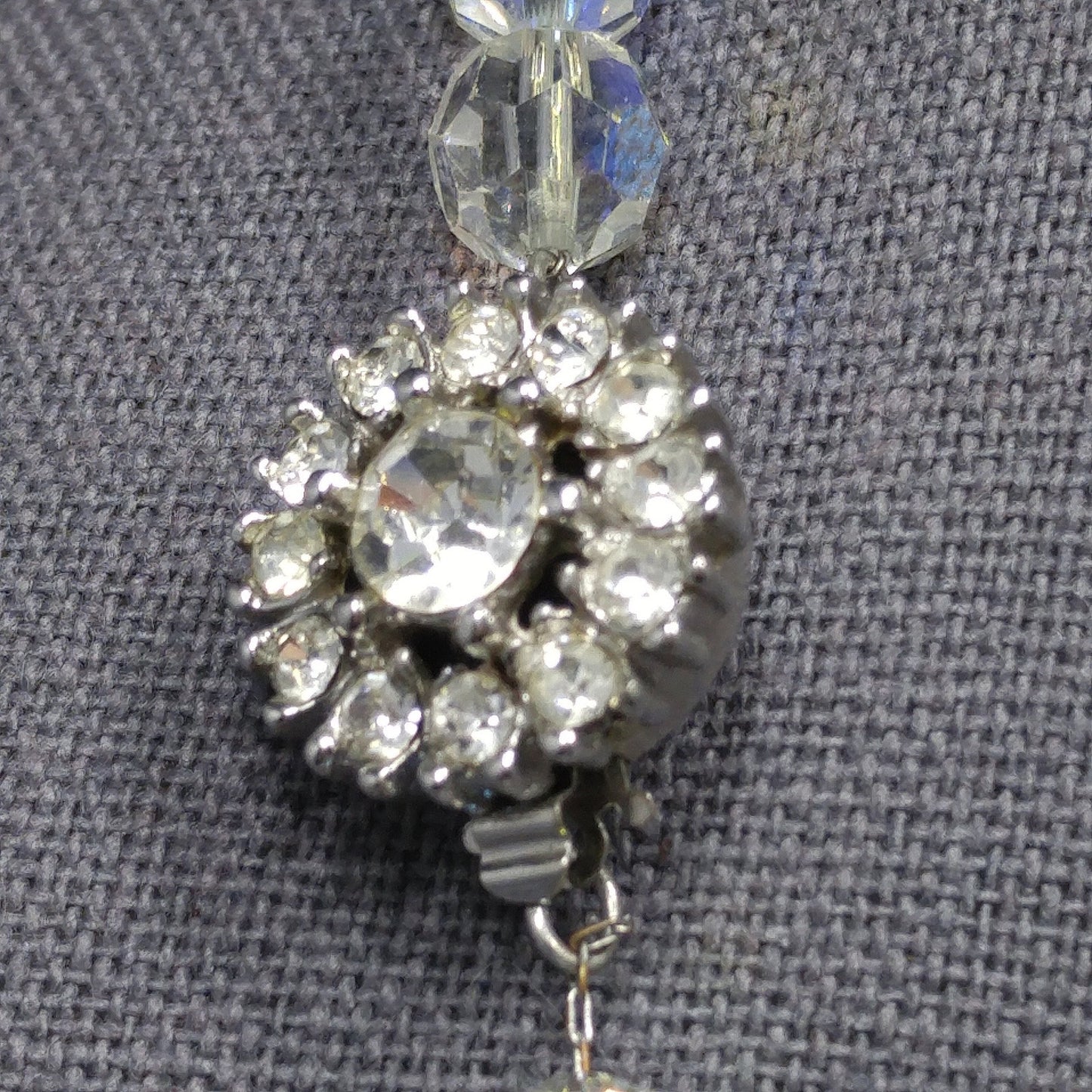 Bergere Aurora Borealis Crystal Long Necklace, Thread on Chain, Rhinestone Clasp, 1960s Vintage Jewelry