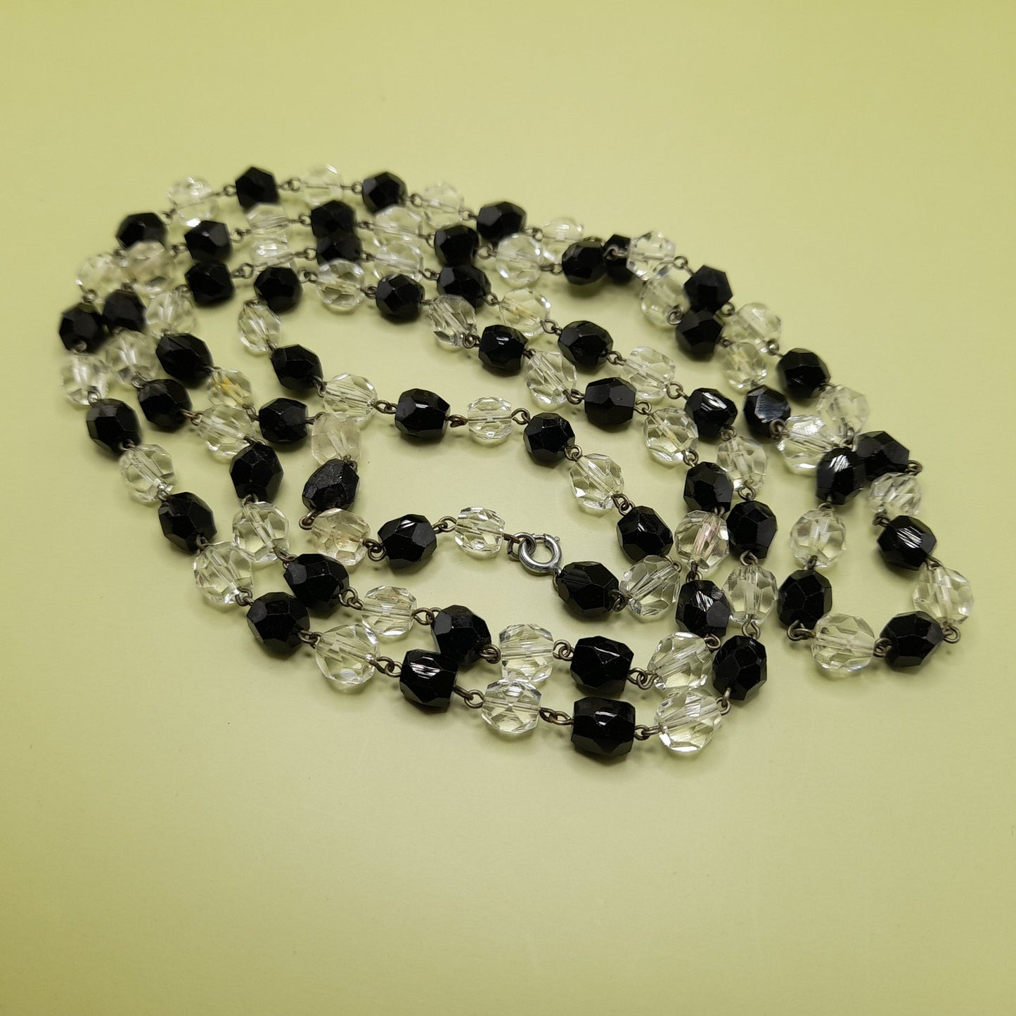 Vintage Art Deco Black and Clear Crystal Necklace – 1920s Wire Wrapped Flapper Beads – 53 Inches