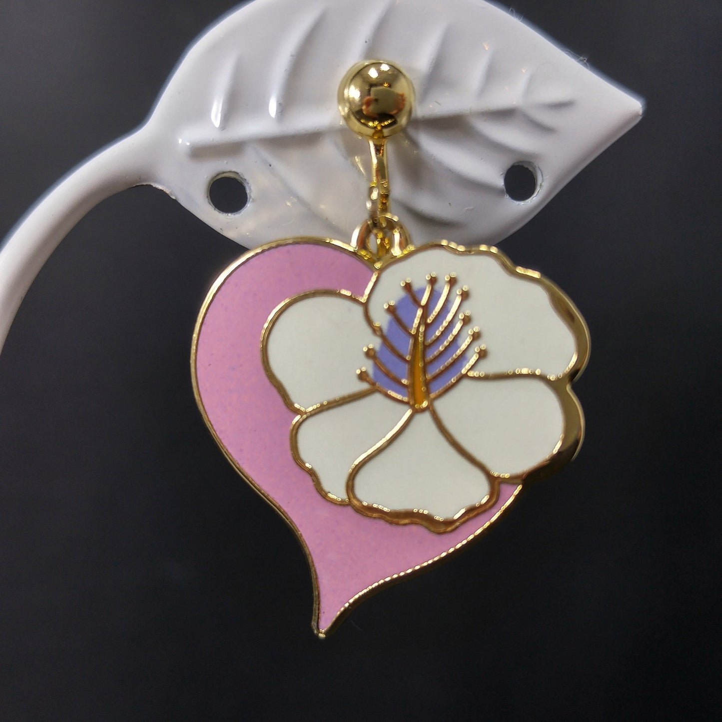 Vintage Laurel Burch "Hibiscus Heart" Clip Earrings, Cloisonne Gold Plated, 1980