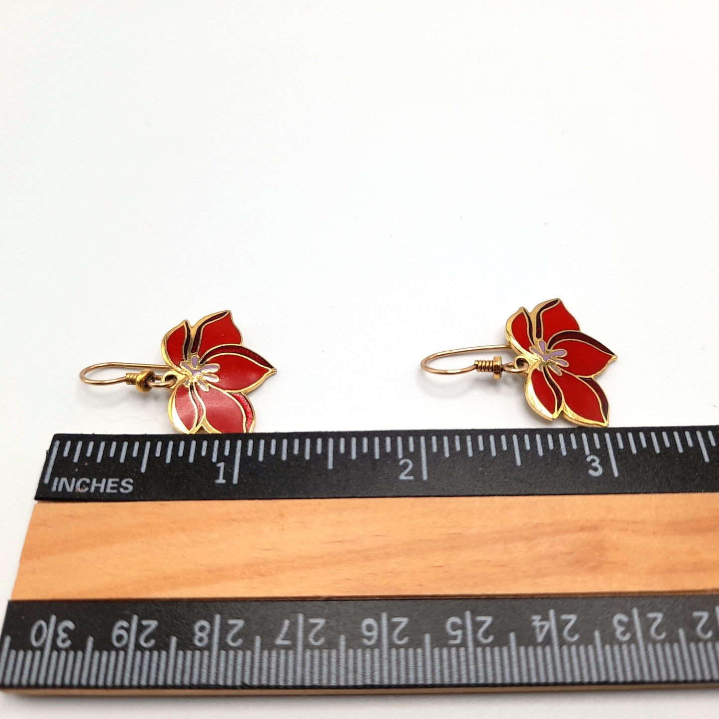 Vintage Laurel Burch "Pear Blossom" Earrings, Gold Plated, Red Enamel