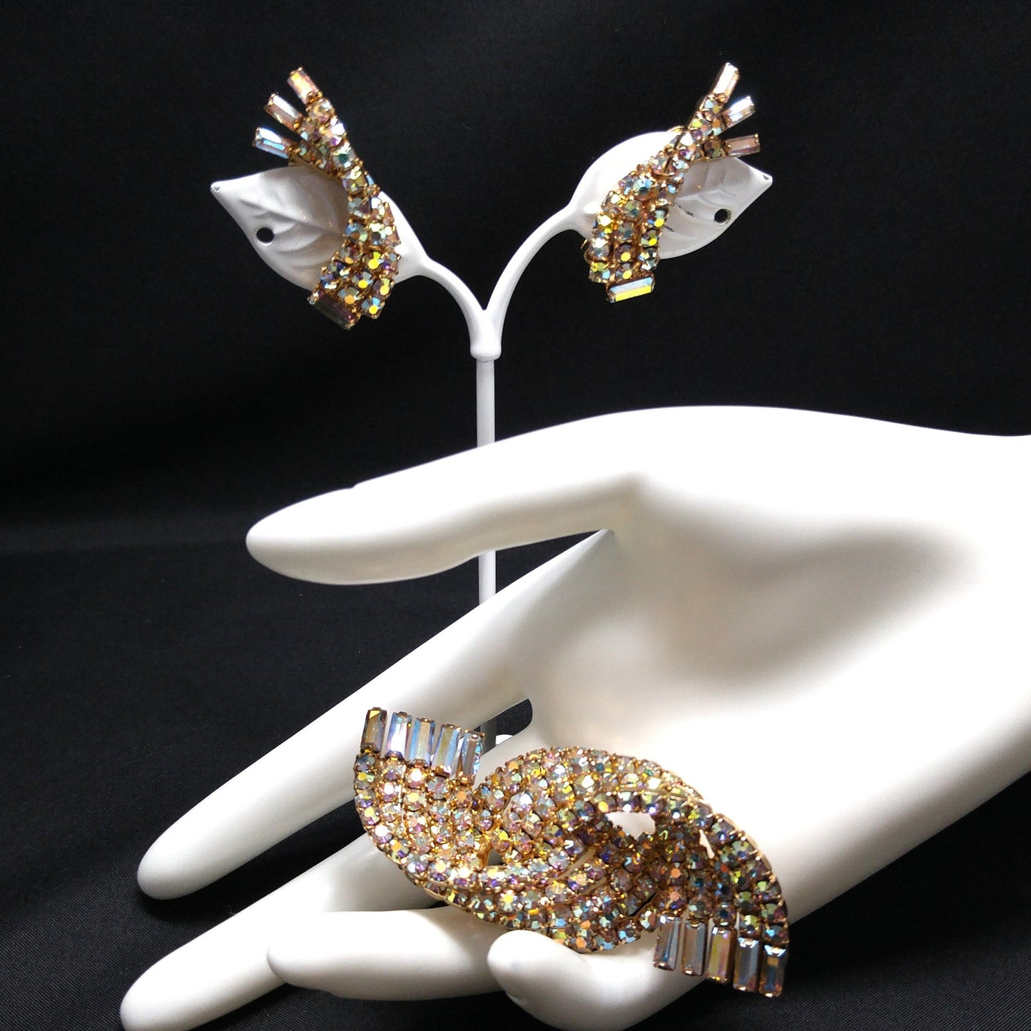 Mid-century Modern AB Rhinestone Brooch Earrings, Gold Plated, 1960s Vintage Jewelry