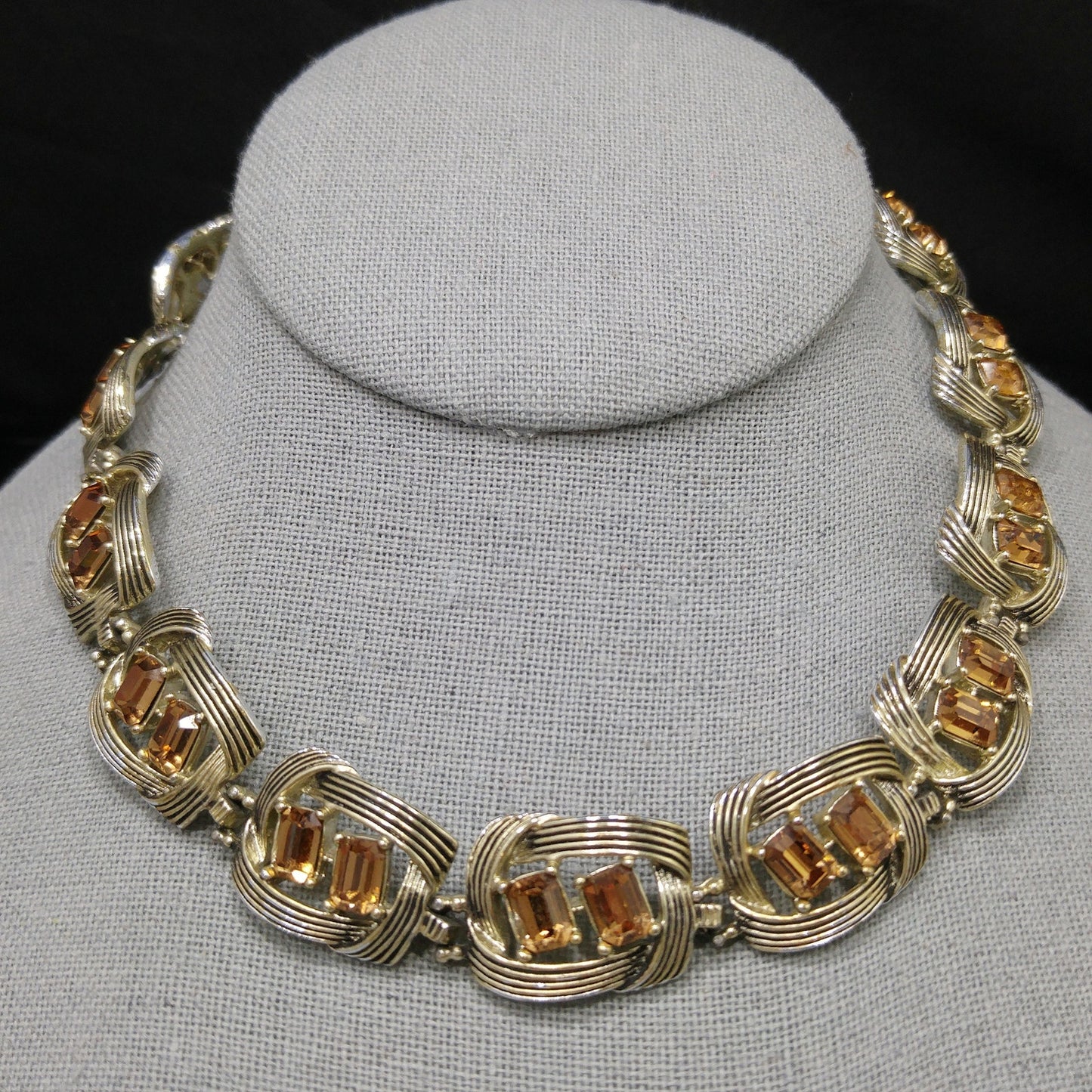 Kramer Topaz Rhinestone Choker Necklace, Gold Plated Black Enamel, 1950s Vintage Jewelry