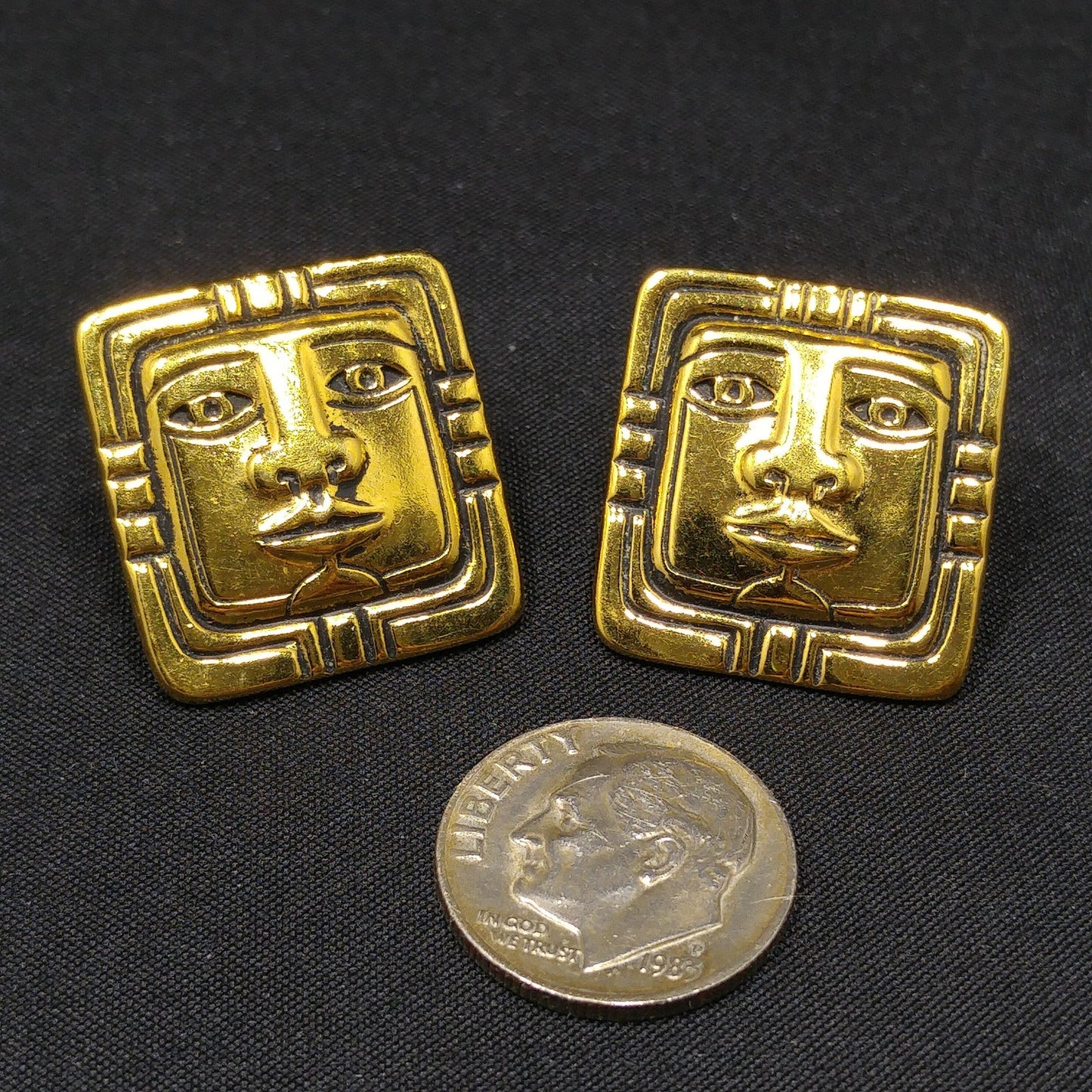 Vintage Laurel Burch Aztec Face Post Earrings, Gold Plated