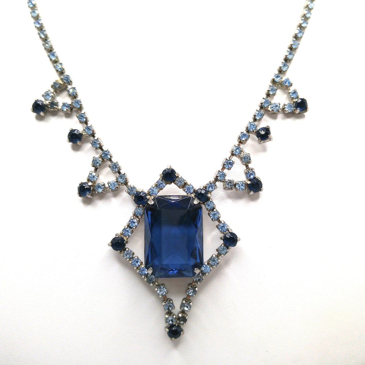 Mid-Century Blue Glass Pendant Necklace, Dark Light Blue Rhinestones, 1950s Vintage Jewelry