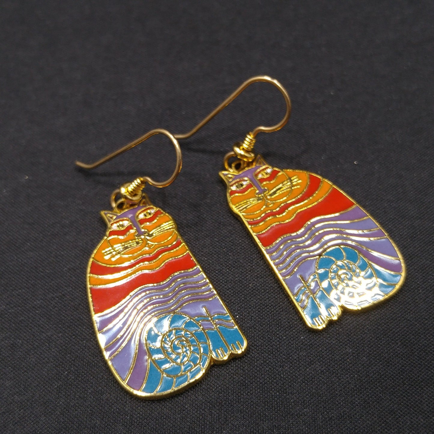 Laurel Burch "Rainbow Cats" Earrings, Multicolored Cloisonne Enamel, 1980s