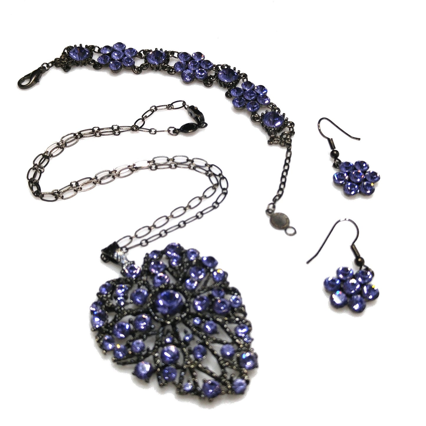 Austrian Crystal Lavender Necklace Bracelet Earrings Set, Ear Wire Earrings, Vintage Jewelry