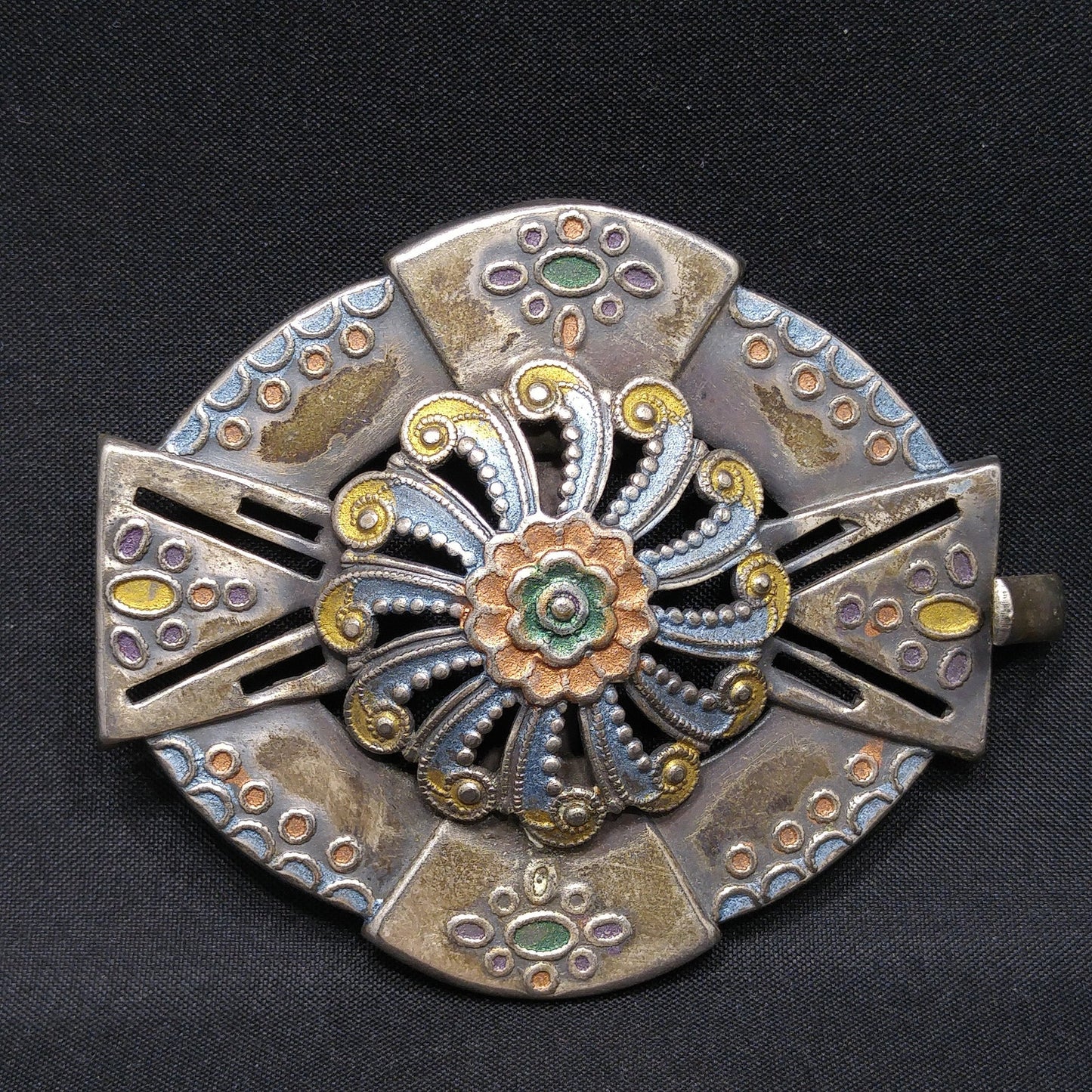 Vintage Enamel Ladies Belt Buckle, Enamel on Brass, 1930s Vintage Accessory