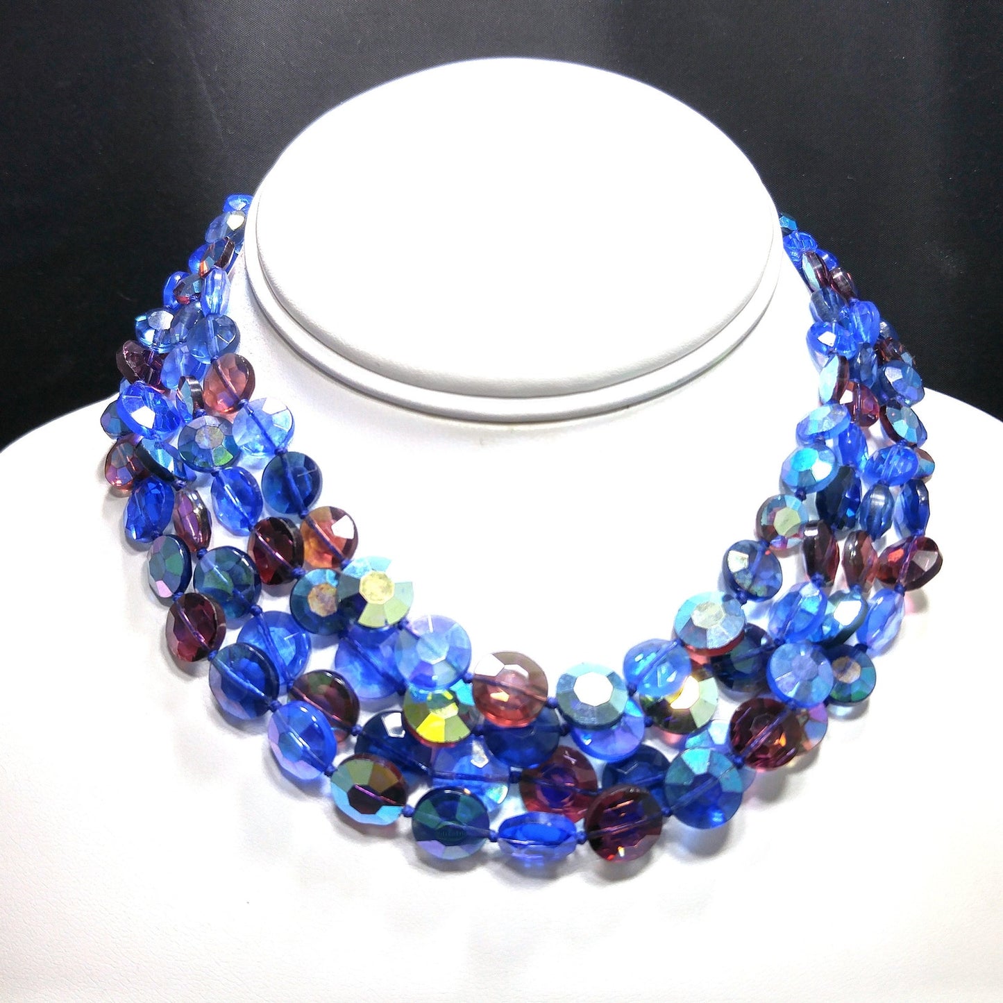 Blue Purple Aurora Borealis Necklace, Hand Knotted Four Strands, 1950s Vintage Jewelry