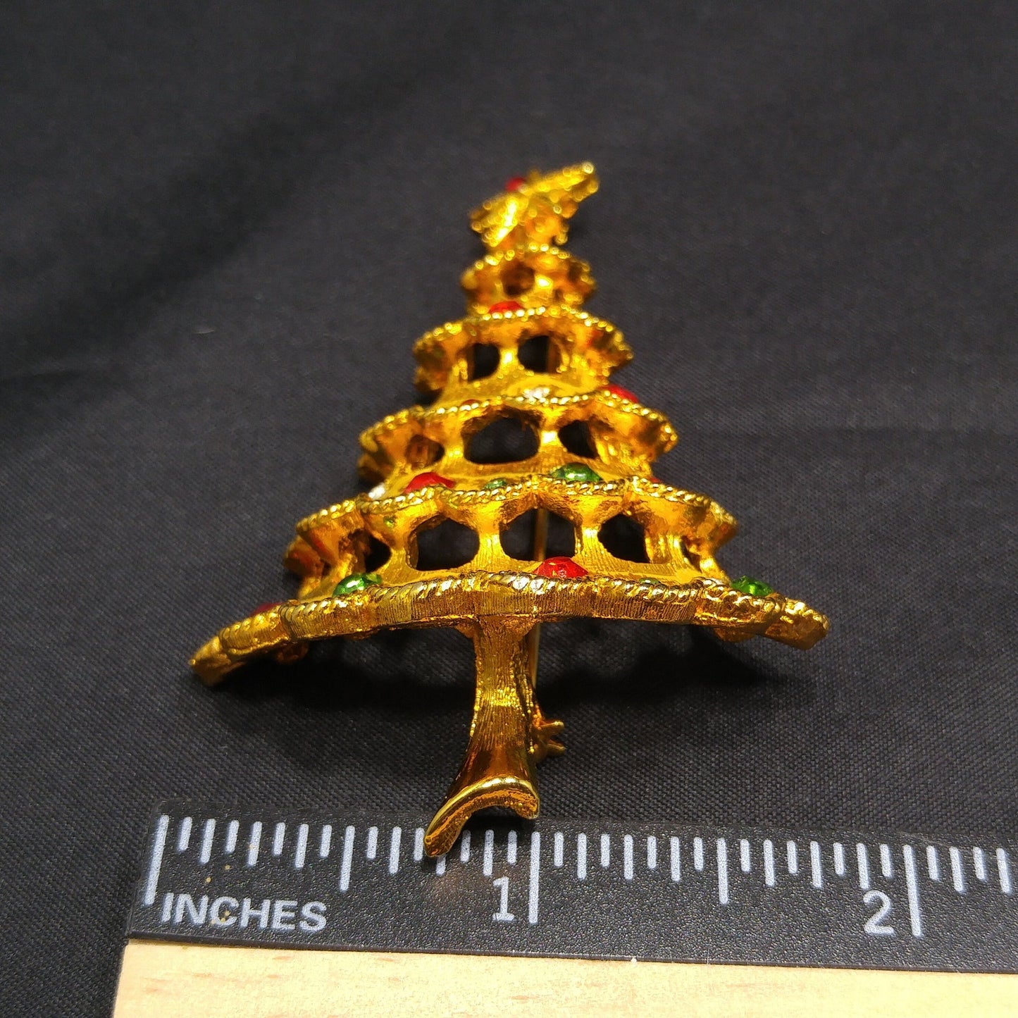 Mylu Christmas Tree Brooch, Red Green Rhinestones, Gold Tone, 1960s Vintage