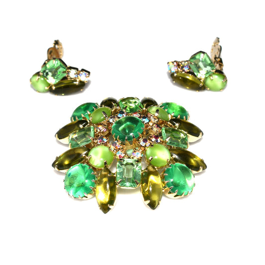 Green Rhinestones Cabochons Floral Brooch Earrings Set, Aurora Borealis, 1960s Vintage Jewelry