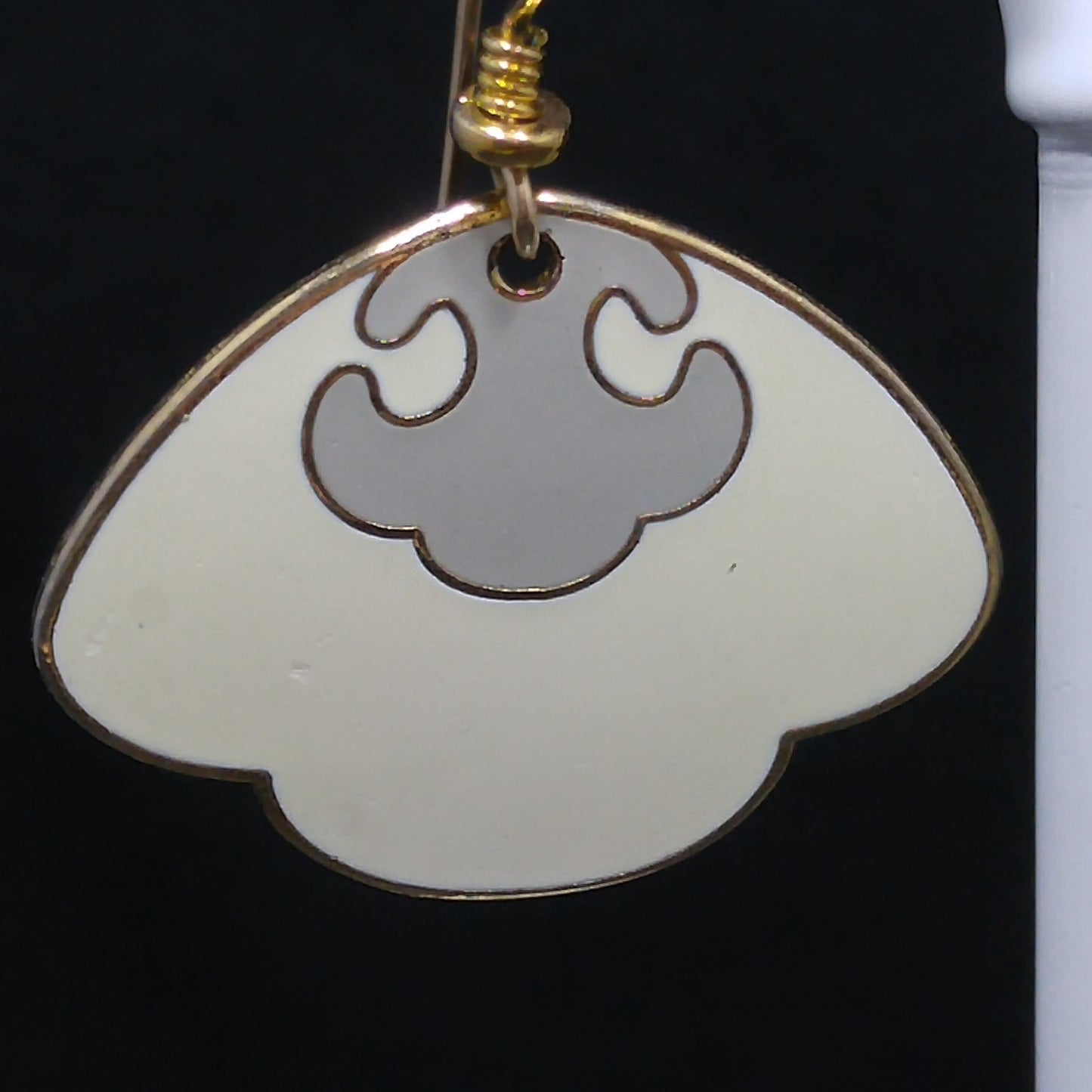 Vintage Laurel Burch Cream Scalloped Fan Earrings, Cream & Gray, Gold Plated