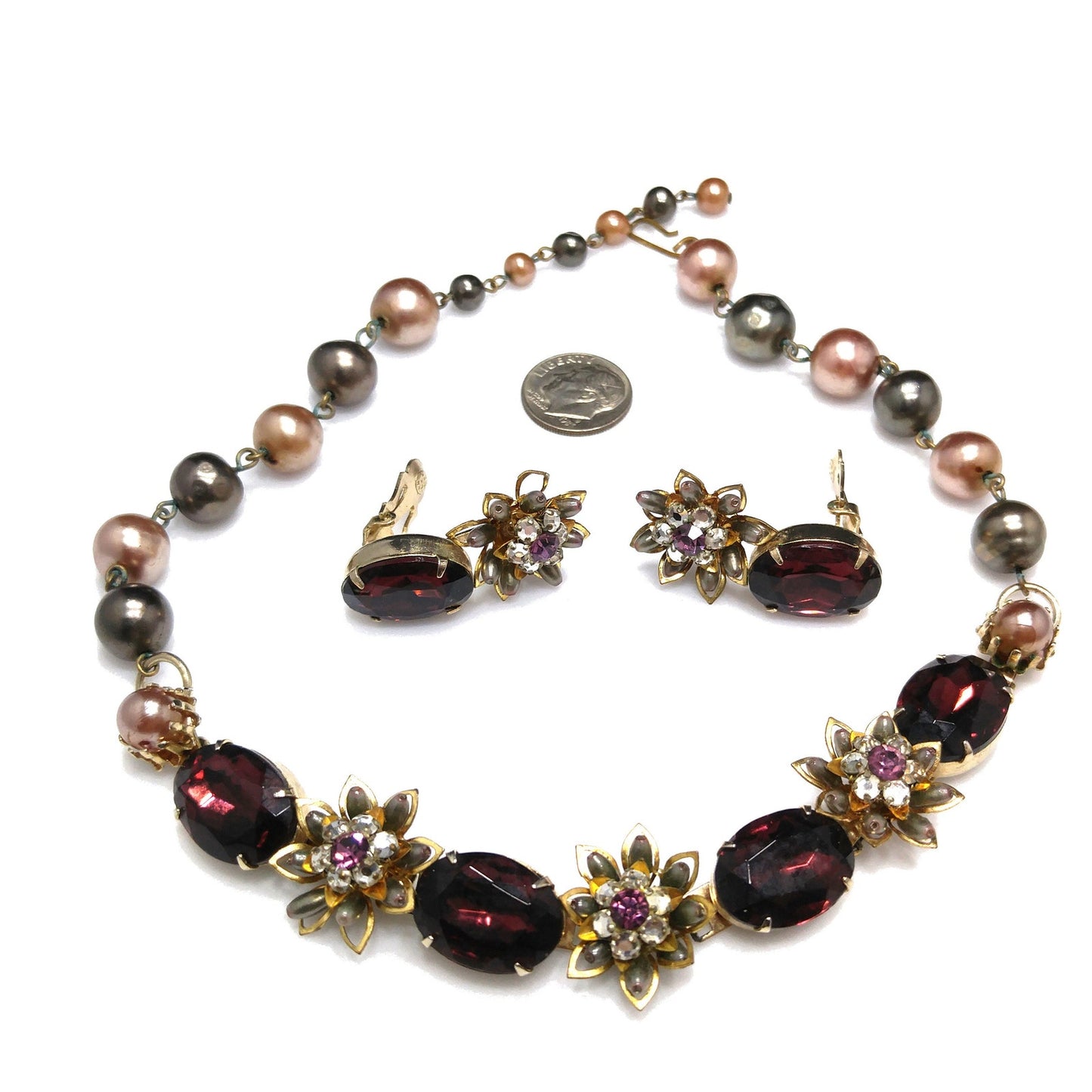 Purple Rhinestone Floral Necklace Earrings, Faux Pearls, 1950s Vintage Jewelry