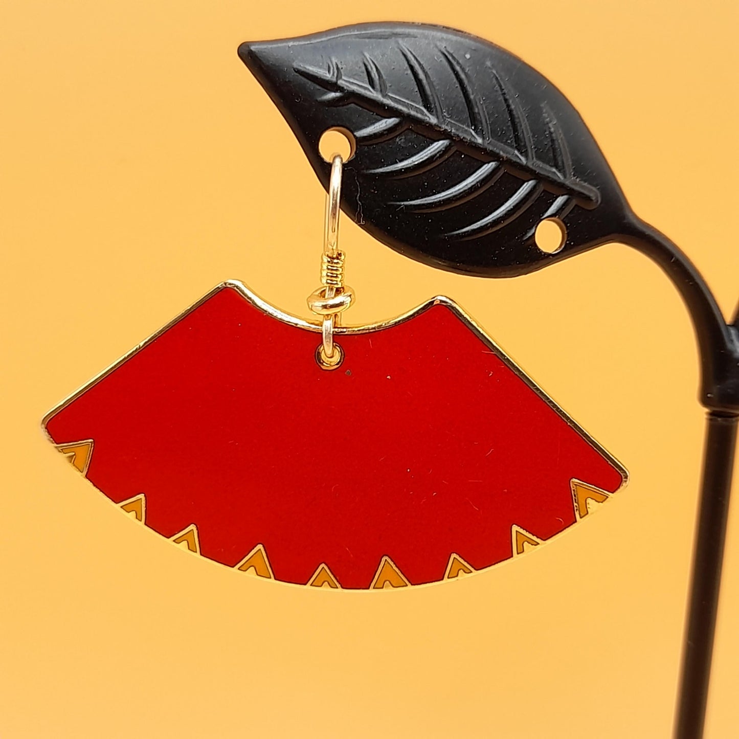Laurel Burch "Mitra" Red Large Fan Earrings, Gold Plated, Cloisonne Enamel, 1980s Vintage Jewelry