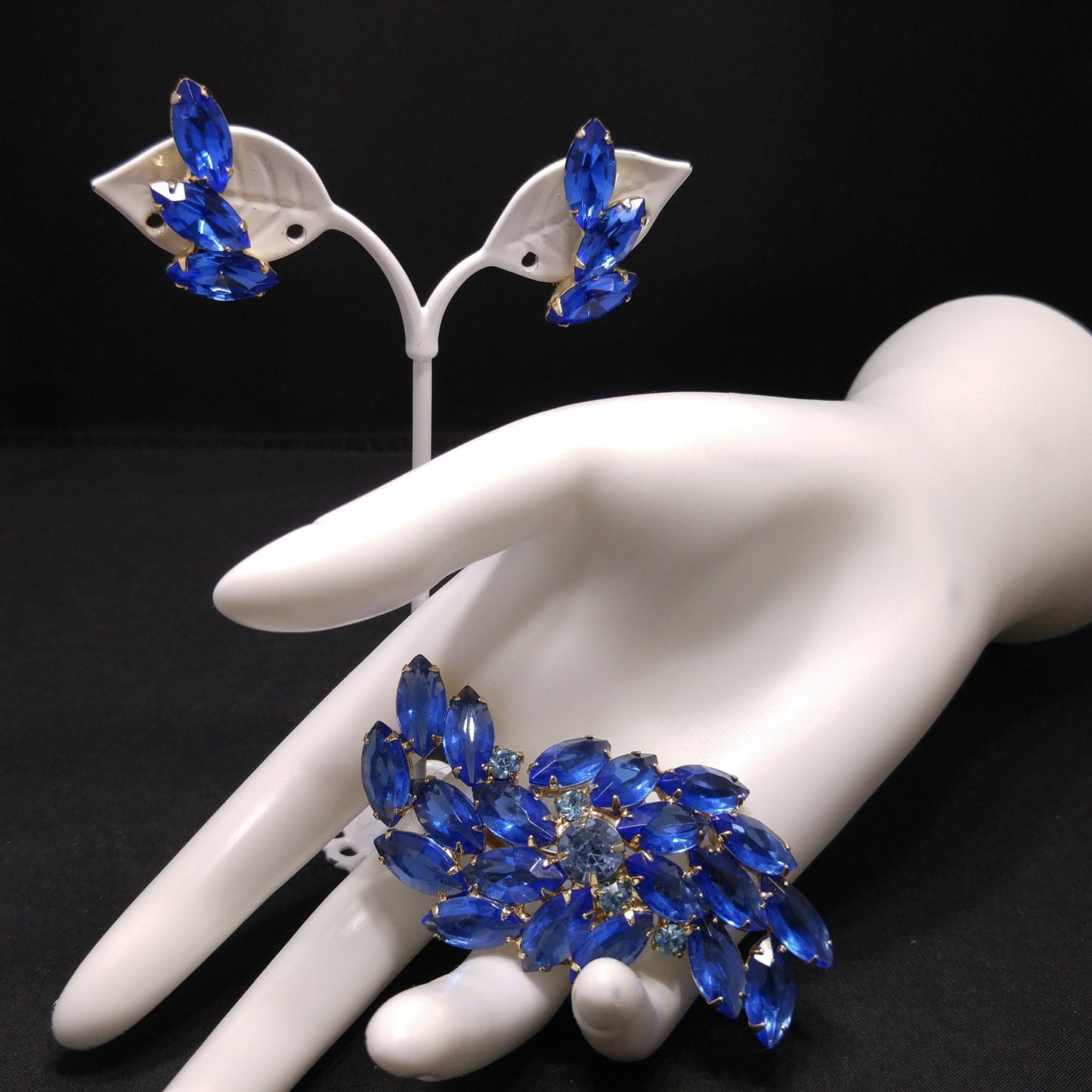 Vintage Royal Light Blue Rhinestone Brooch Earring Set, Gold Plated, 1960s Vintage Jewelry