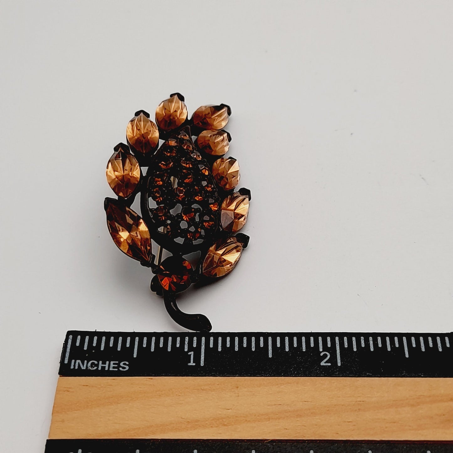 Vintage MGENT Topaz Rhinestone Leaf Japanned Brooch Pin