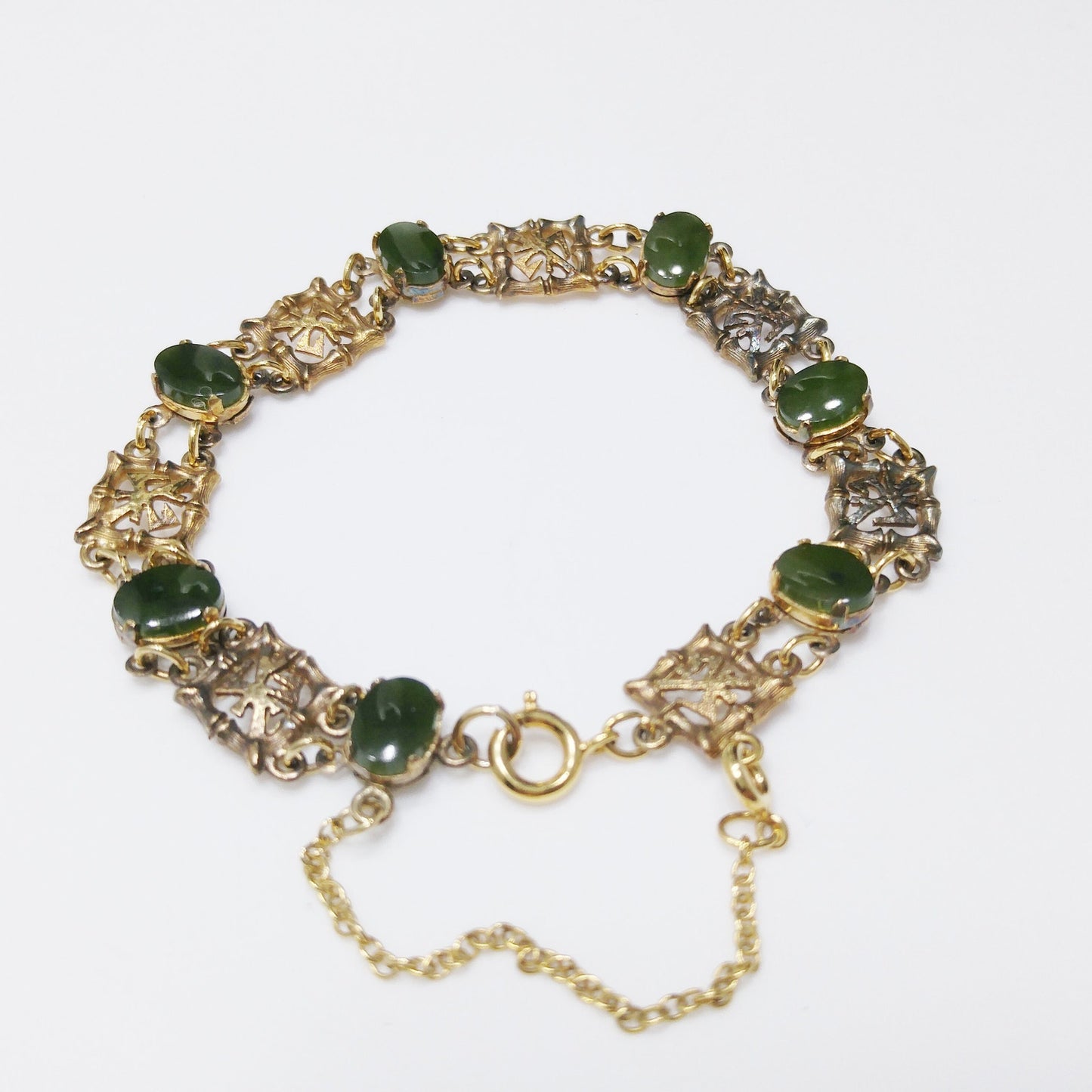 Wells Sterling Chrysoprase Gemstone Bracelet, Mid Century Vintage Asian Bracelet