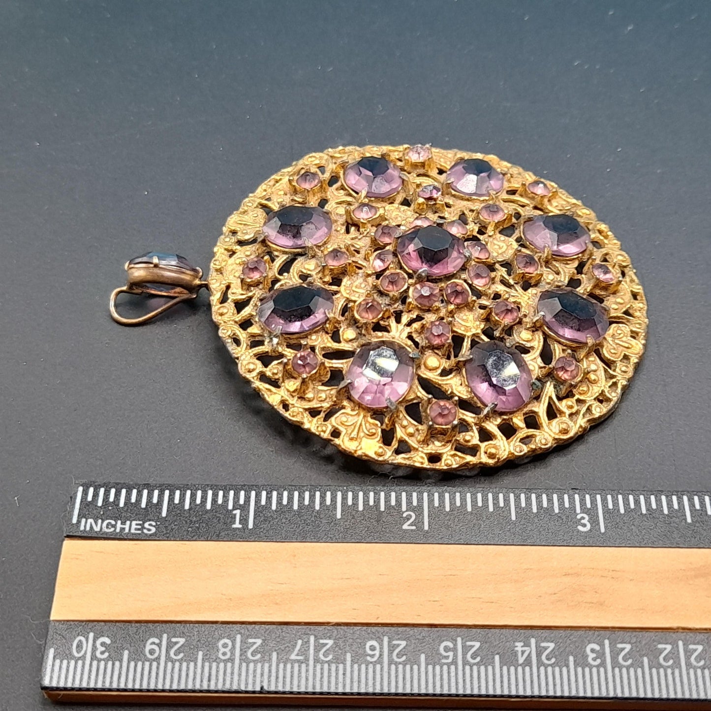 Vintage 1930s Purple Glass Brooch Pendant, Pot Metal, 3 1/2 Inches