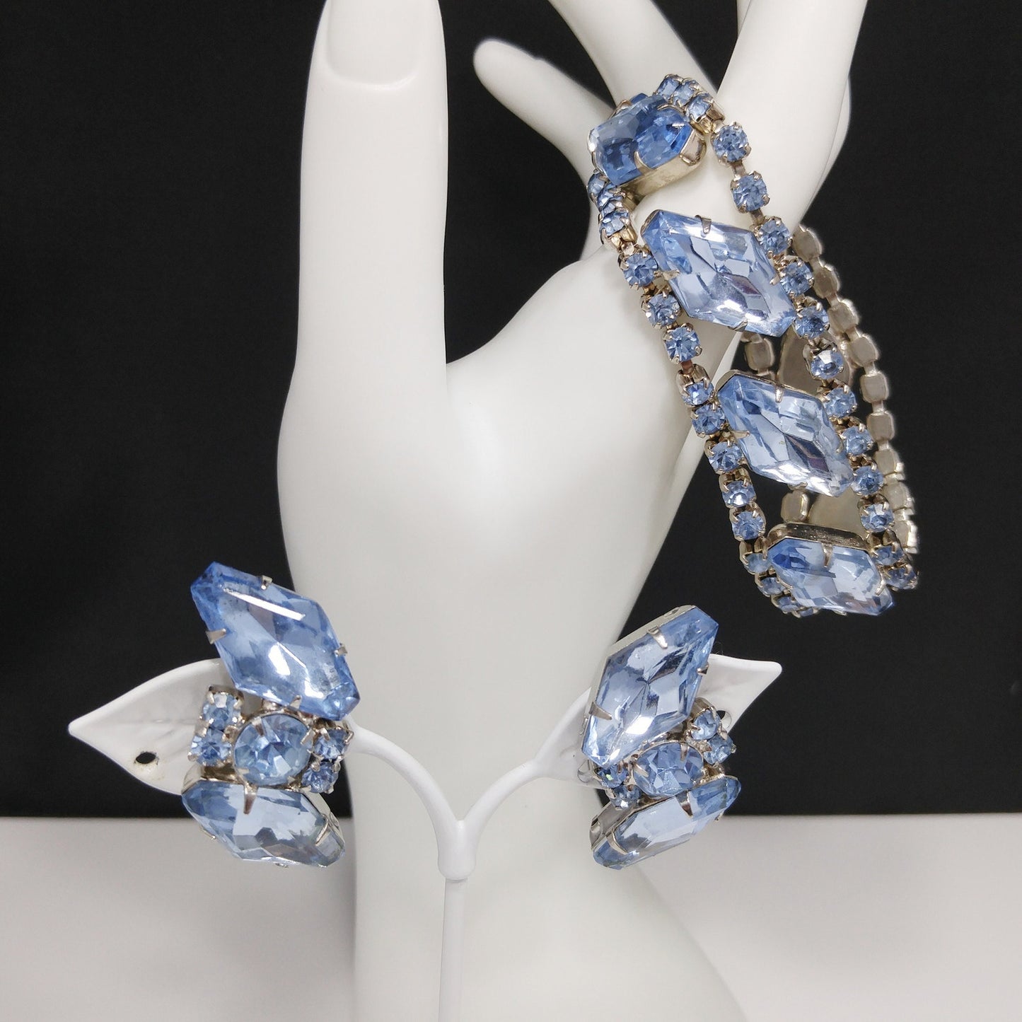 Light Blue Rhinestone Bracelet & Clip Earrings, Rhodium Plated, Ear Climbers, 1960s Vintage Jewelry