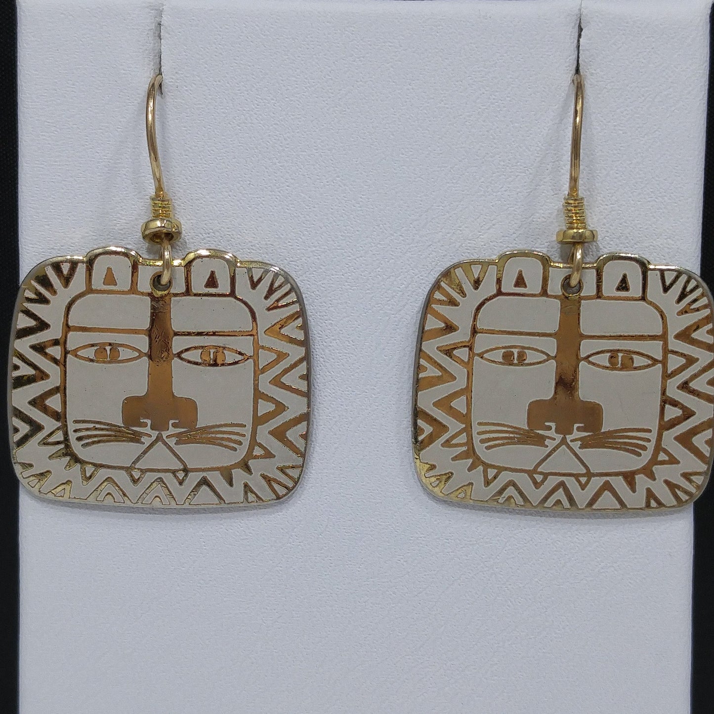 Vintage Laurel Burch "Cat Spirit" Earrings, Cream White Enamel, Gold Plated