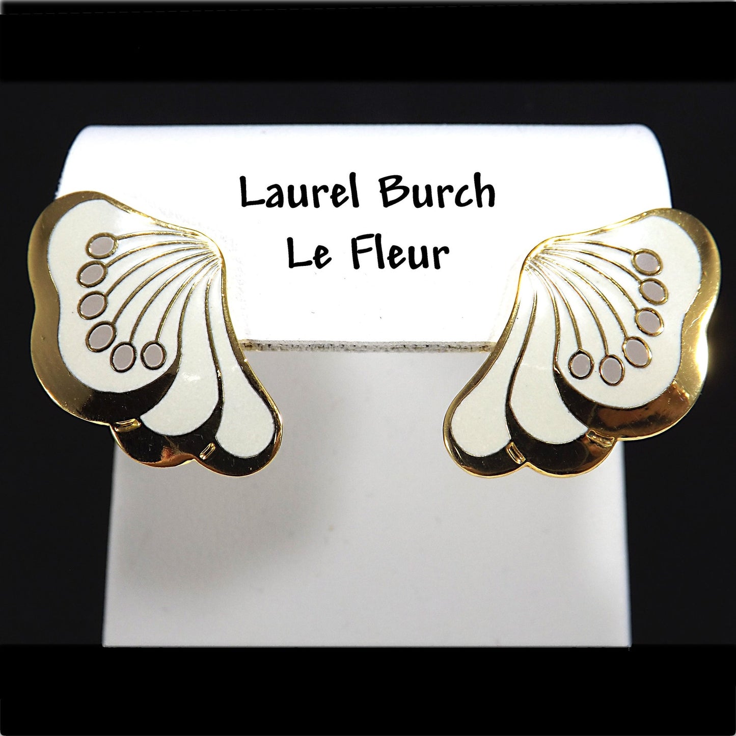 Laurel Burch "Le Fleur" Gold & White Post Earrings, Gold Plated, 1980s Vintage