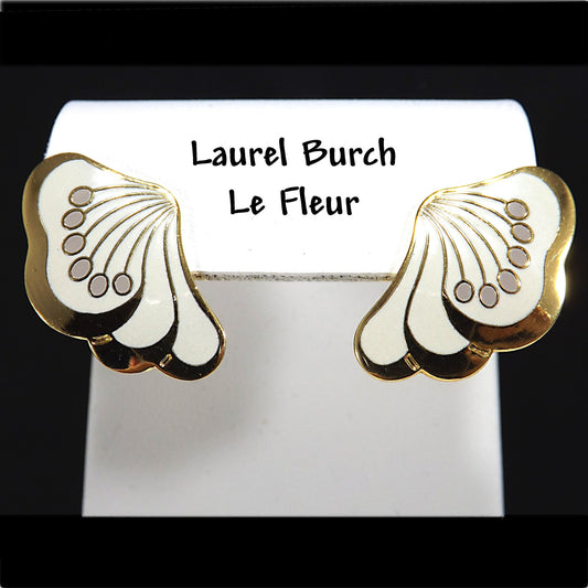 Laurel Burch "Le Fleur" Gold & White Post Earrings, Gold Plated, 1980s Vintage