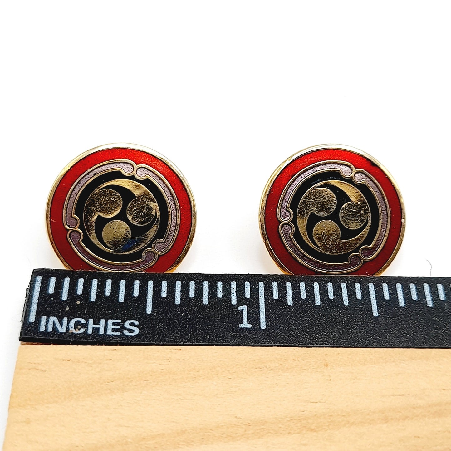 Vintage Laurel Burch Red Black Enamel Asian Symbol Post Earrings - Gold Plated - 3/4 Inch