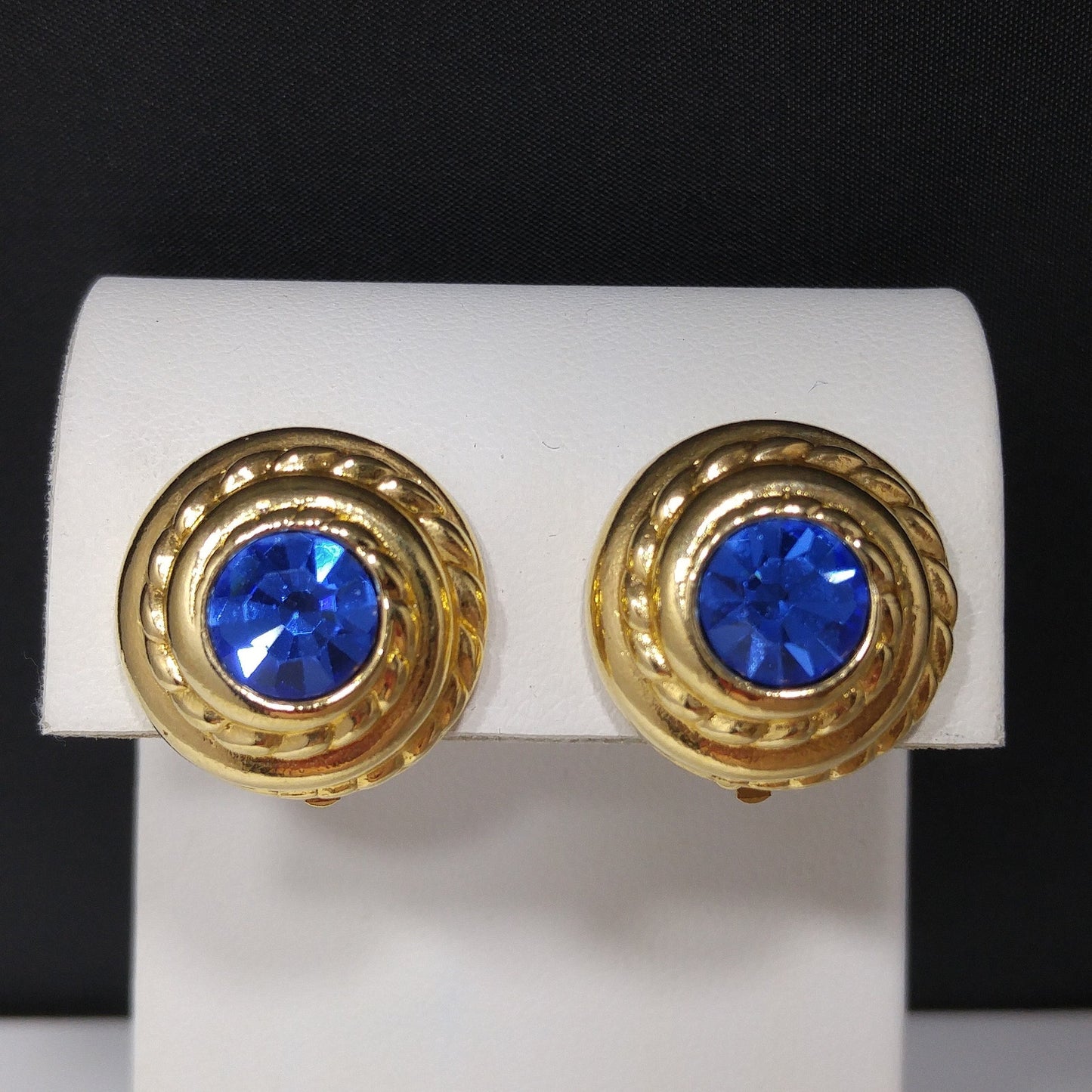 Swarovski Blue Crystal Clip Earrings, Gold Plated Round, 1990s Vintage