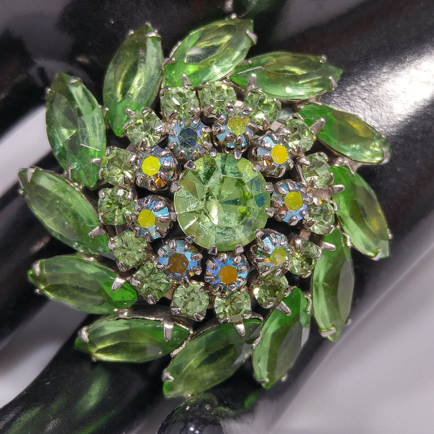 Vintage Peridot Green Rhinestone Domed Brooch, Aurora Borealis, 1960s