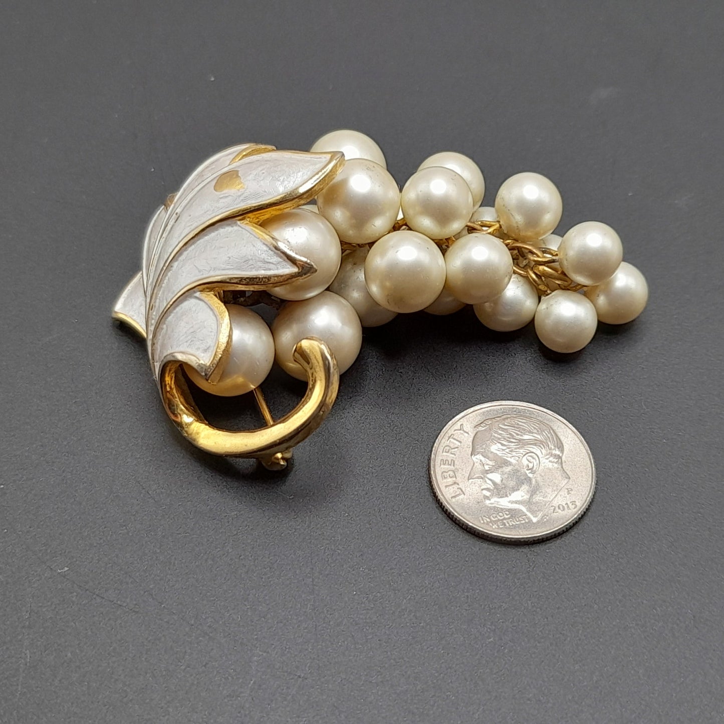 Vintage Alice Caviness Grape Cluster Brooch, White Enamel Leaf, Faux Pearl Berries, Gold Tone Pin, Mid Century Jewelry