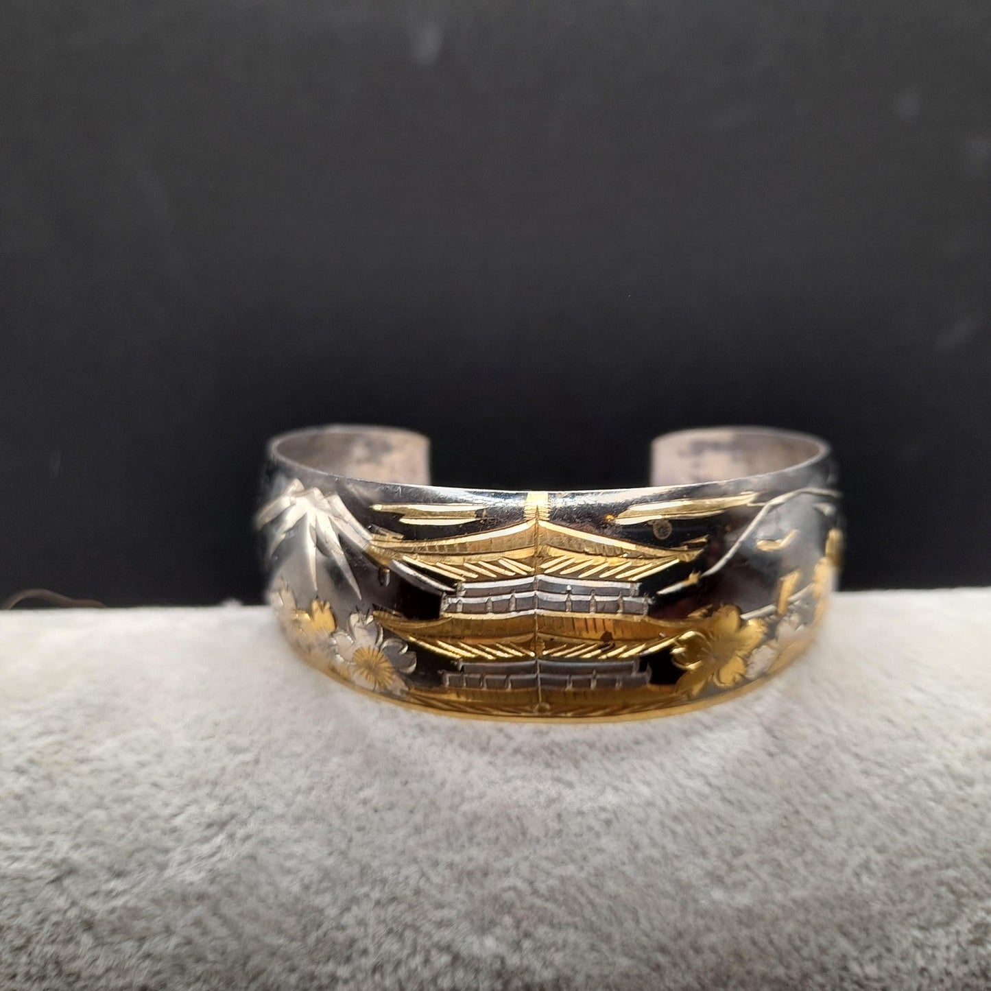 Vintage Japanese Sterling Cuff Bracelet, Mt. Fuji Pagoda Japanese Scene Panorama, 1960s Jewelry