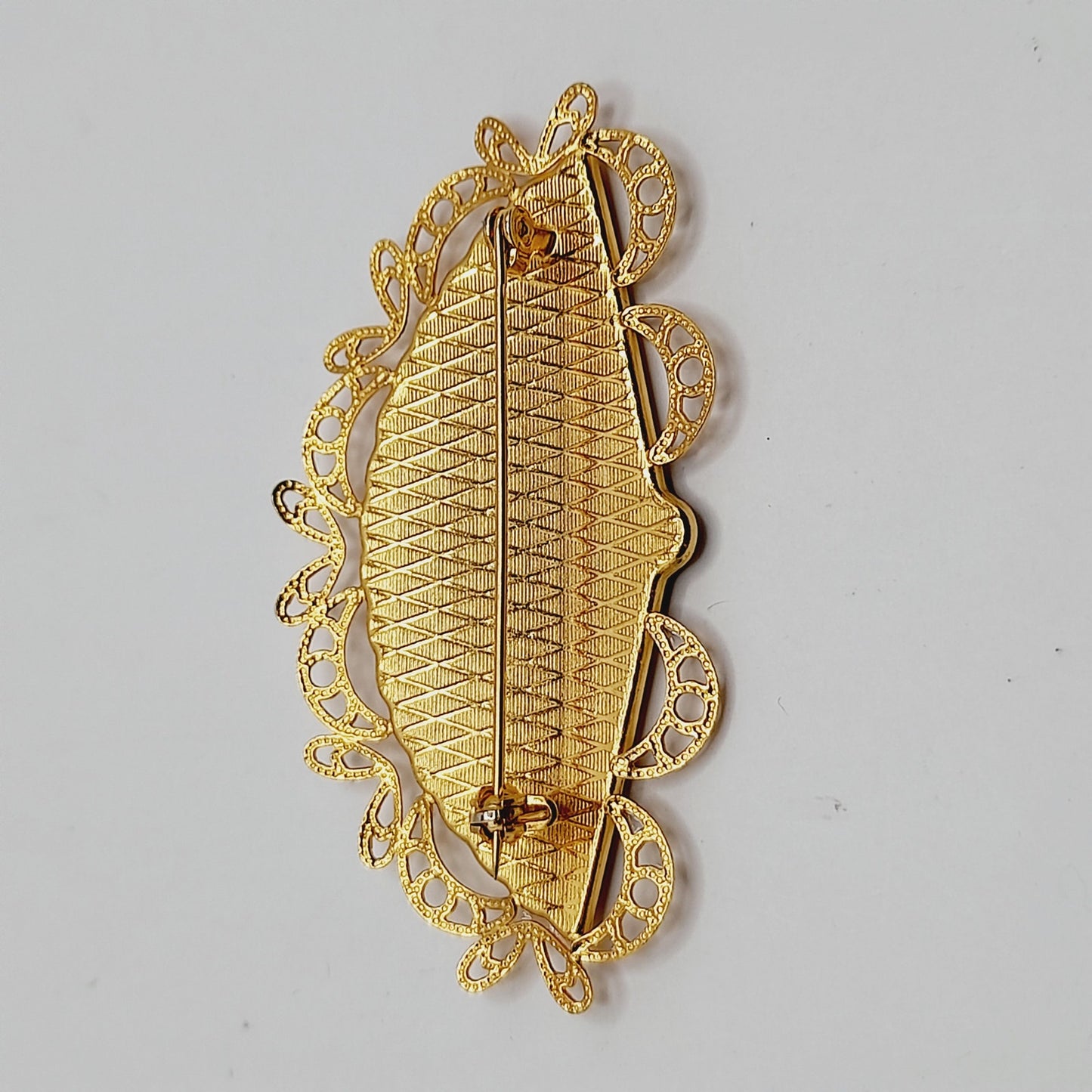 Vintage Damascene Fan Brooch Gold Black Filigree Pin 2.5 Inch