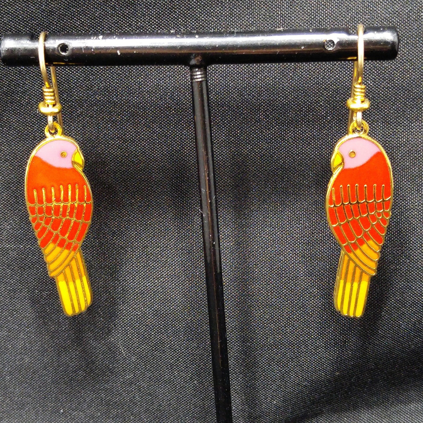 Laurel Burch "Lorikeets" Earrings, Gold Plated Cloisonne & Enamel, 1980s Vintage