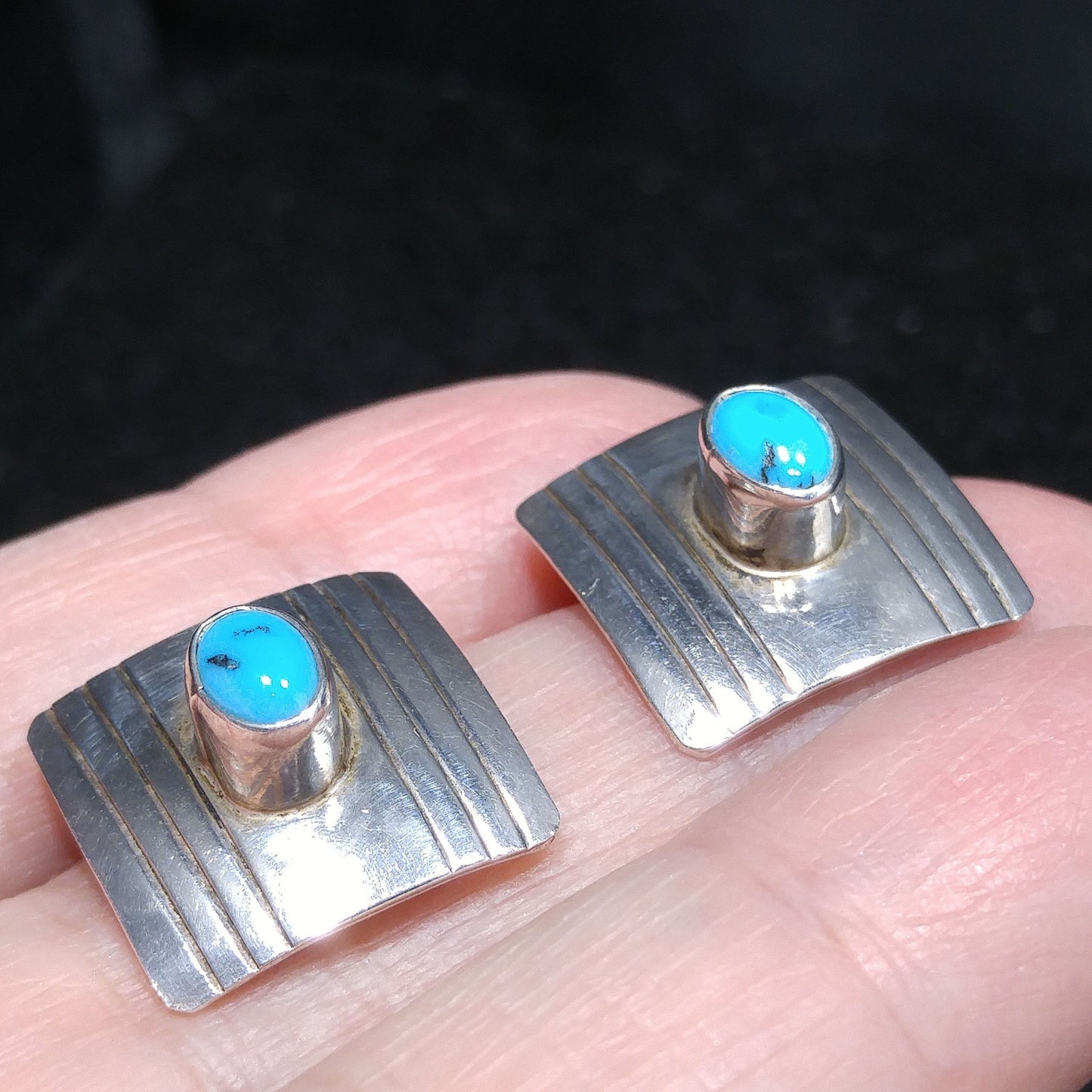 Navajo Frank Ramone Sterling Turquoise Earrings, Small Clip On Earrings, 1970s Vintage Jewelry