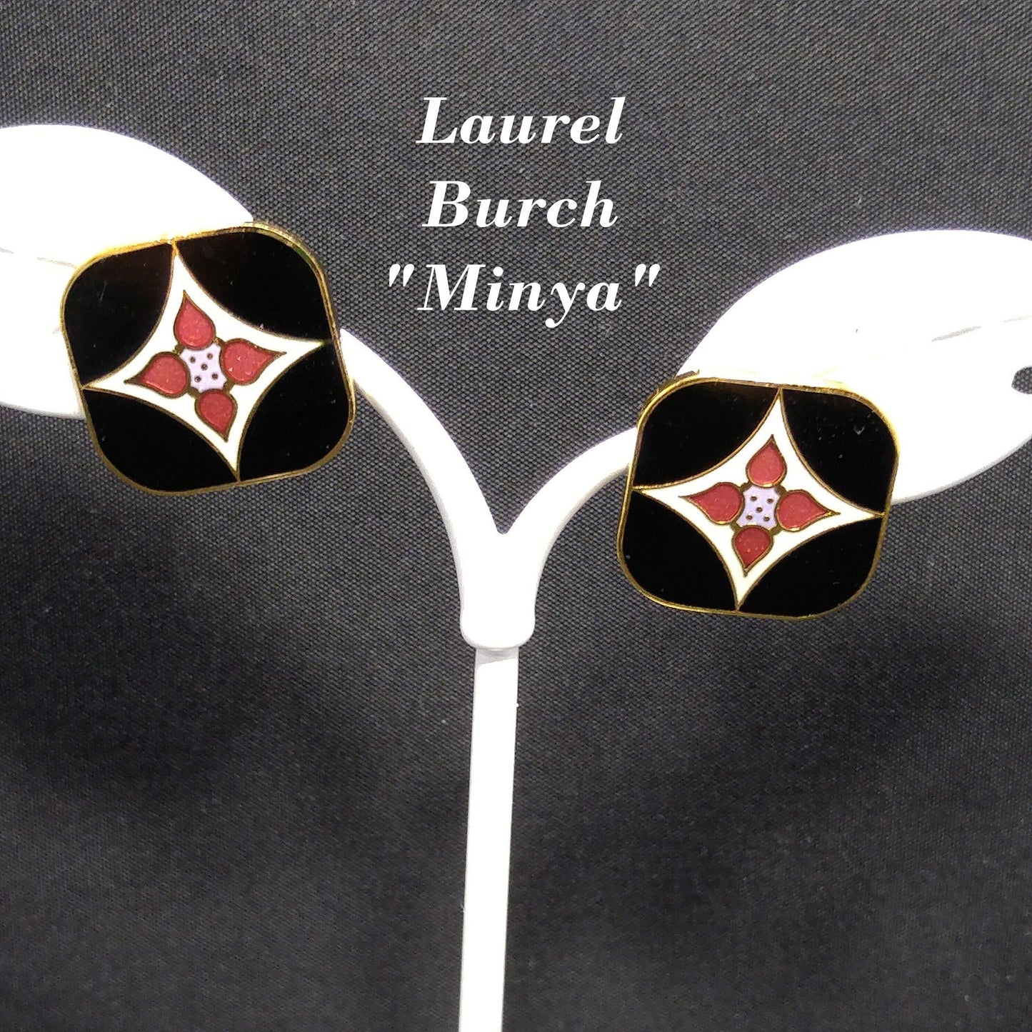 Vintage Laurel Burch "Minya" Post Earrings, Gold Plated, Enamel Cloisonne, 1980s
