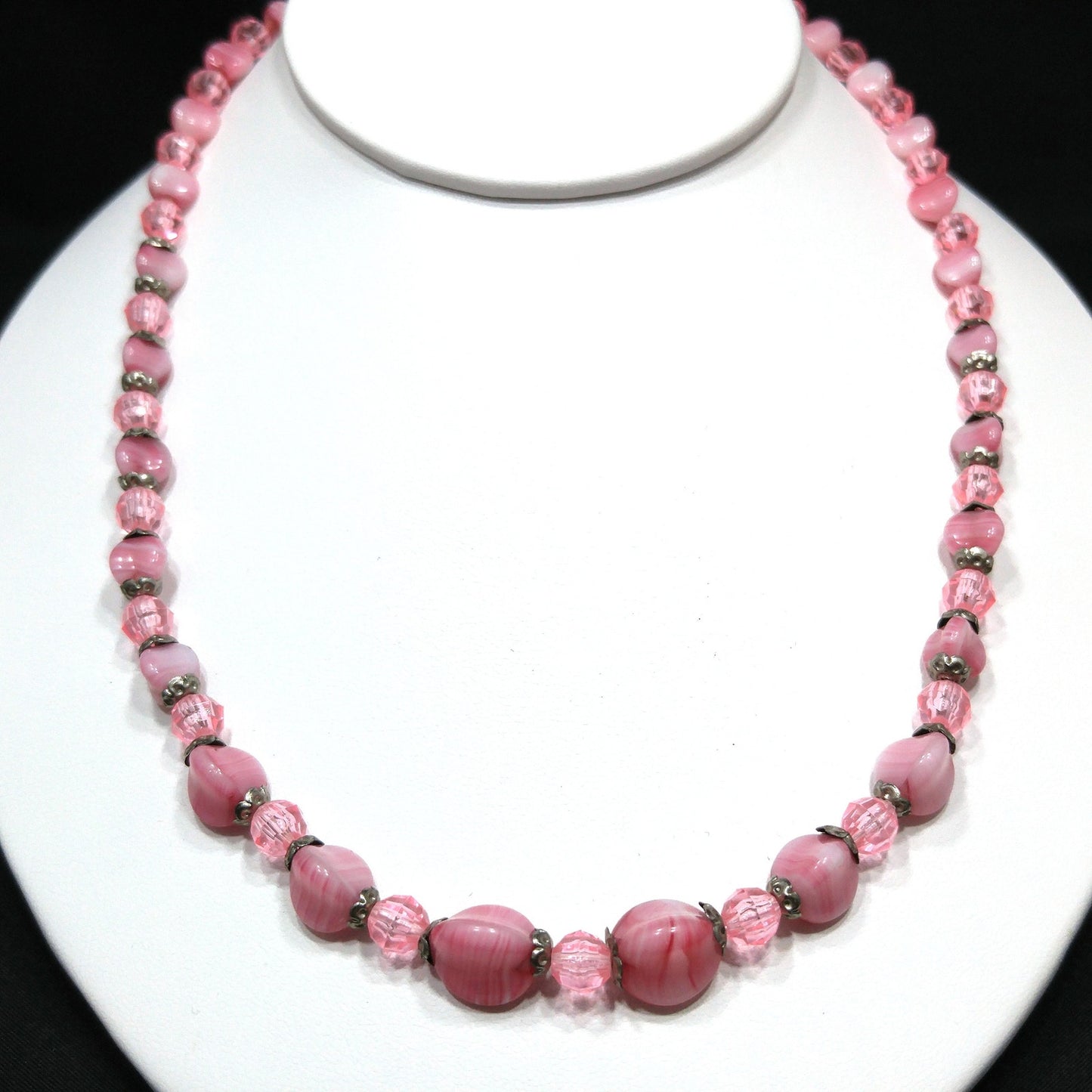 Czech Glass & Thermoset Beaded Necklace, Pink Art Glass Beads, 1940s Vintage Jewelry