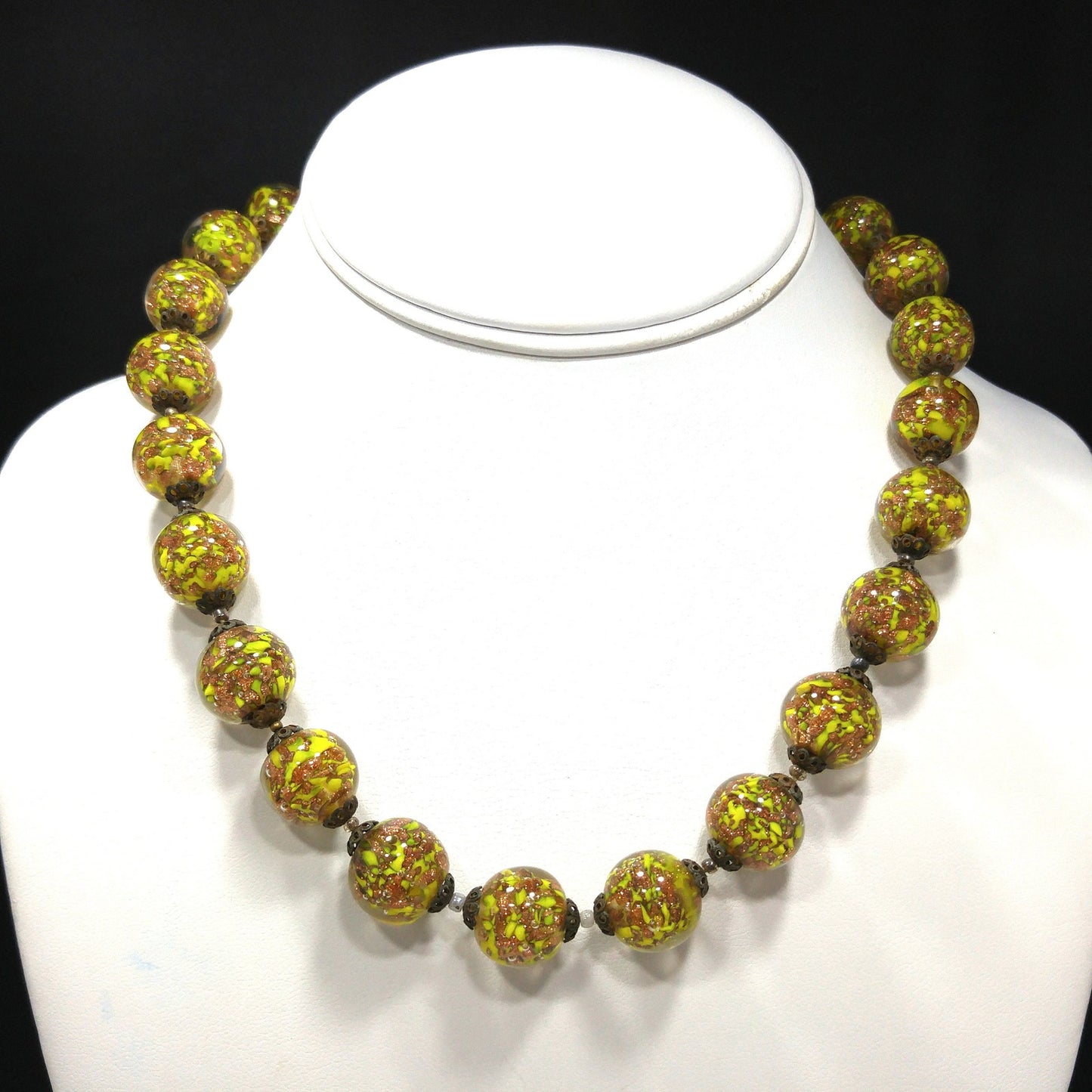 Vintage Green Venetian Glass Beaded Necklace, Copper Aventurine Italian Beads, 1930s Vintage Jewelry