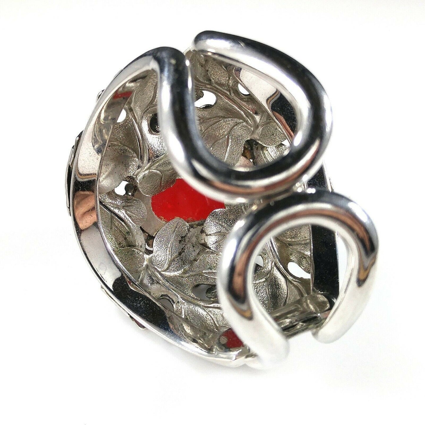 Vintage Whiting & Davis Hinged Cuff Bracelet, Red Glass Cabochon, Rhodium Plated, 1960s Vintage Jewelry
