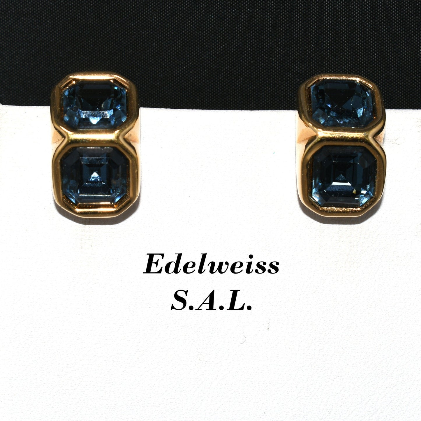Edelweiss S.A.L. Swarovski Blue Clip Earrings, Gold Plated,  Vintage Jewelry