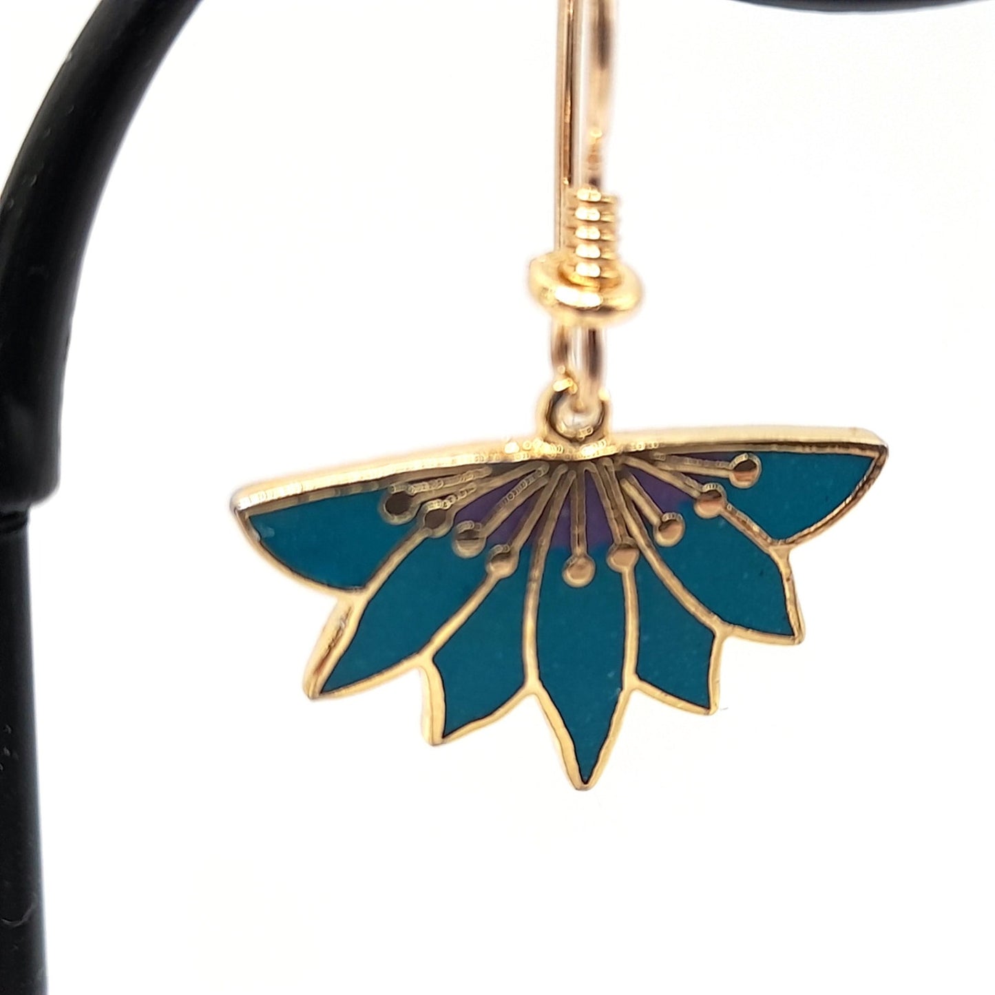 Vintage Laurel Burch Floral Earrings, Gold Plated, Teal Green Enamel