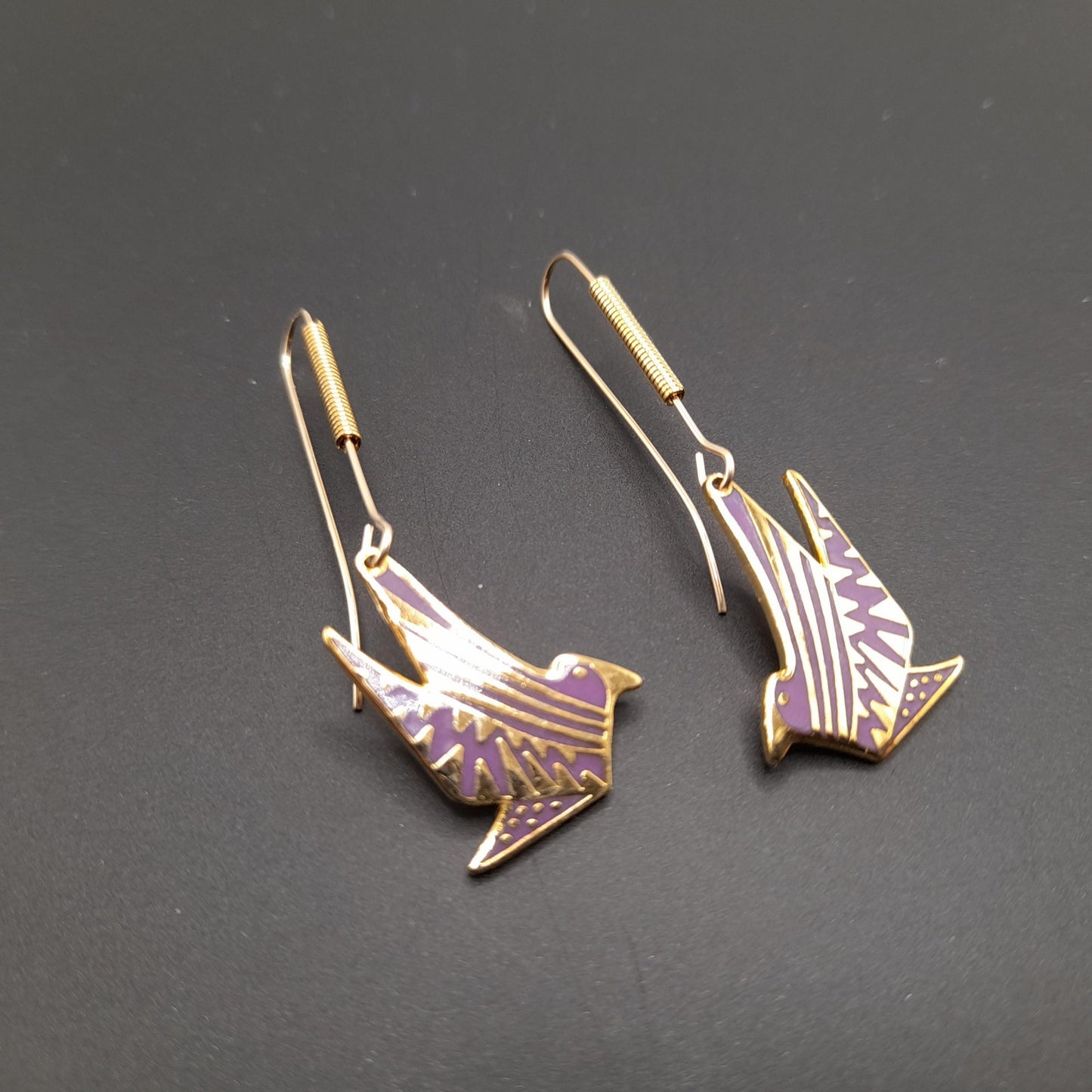 Laurel Burch Long Ear Wire Bird Earrings, Purple Enamel, Gold Plated, 1990s Vintage Jewelry