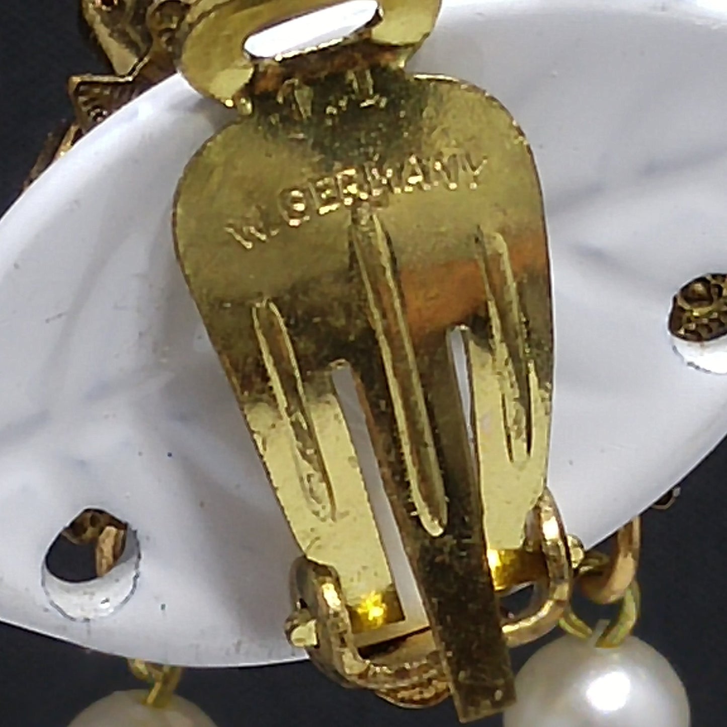 Western Germany Topaz Filigree Clip Earrings, Faux Pearls, 1950s Vintage Jewelry