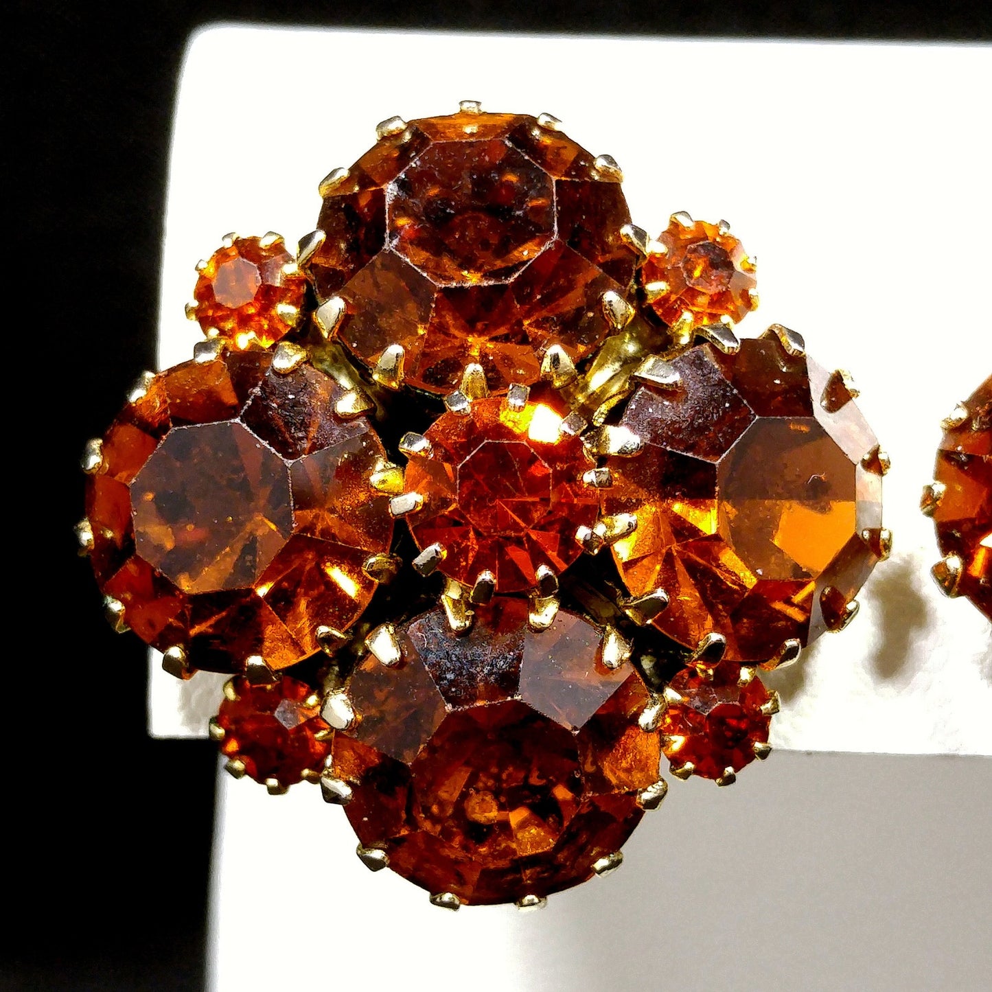 Weiss Topaz Rootbeer Rhinestone Clip Earrings, Gold Plated, Floral Design, 1960s Vintage