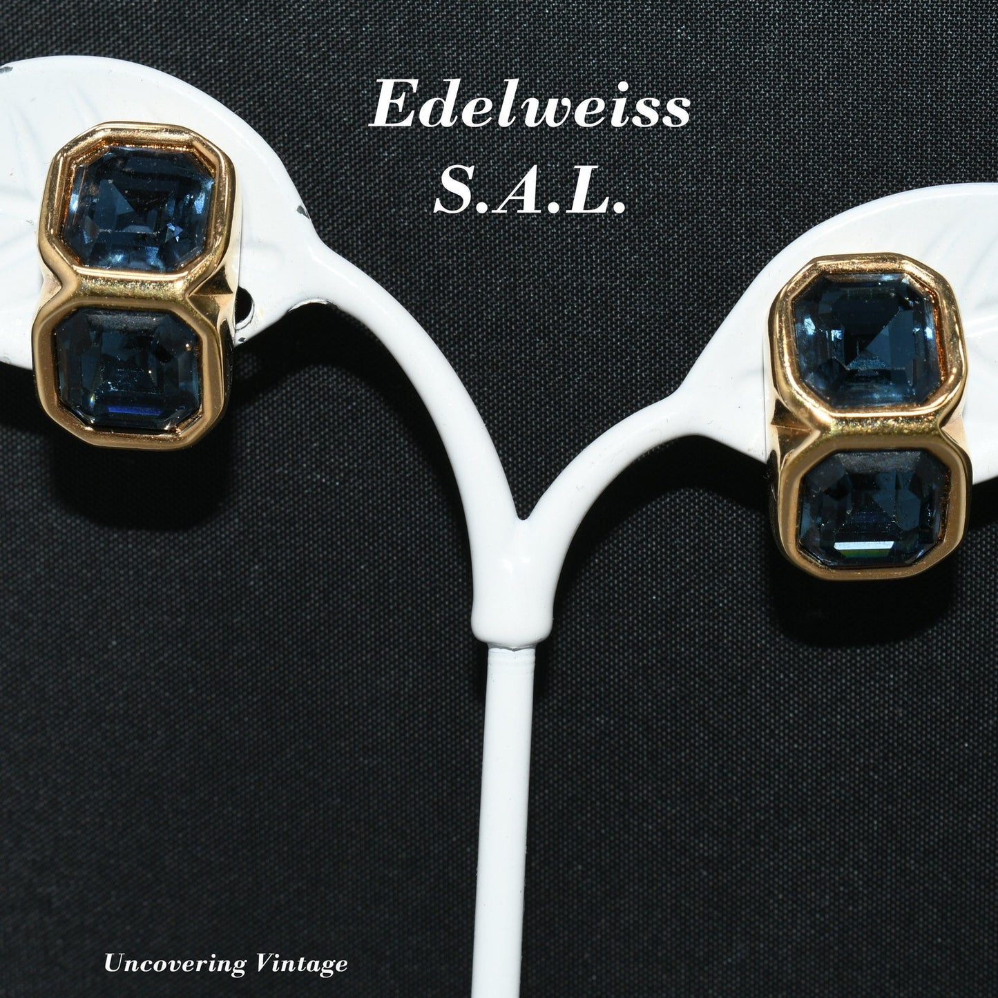 Edelweiss S.A.L. Swarovski Blue Clip Earrings, Gold Plated,  Vintage Jewelry