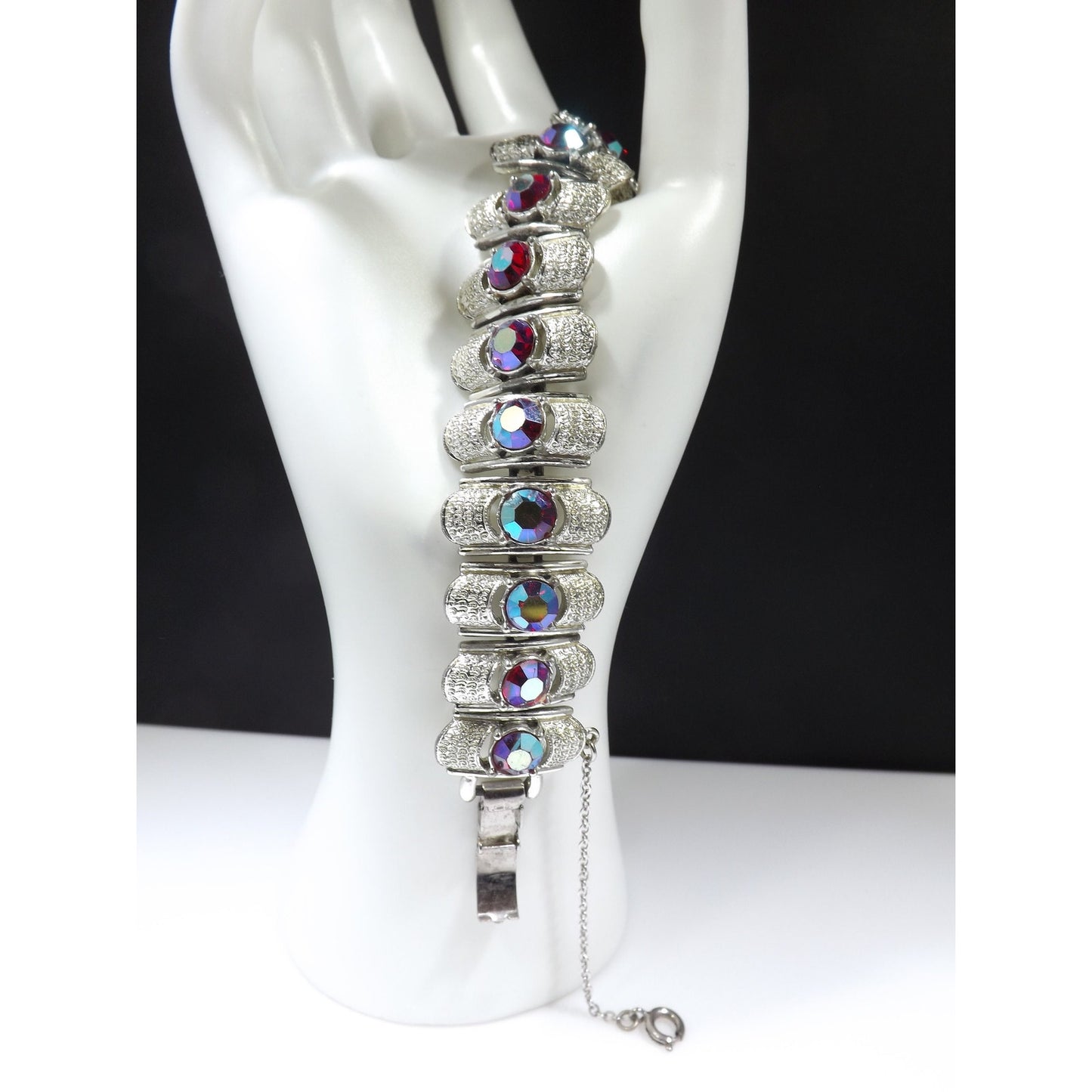 Coro Pegasus Red Aurora Borealis Rhinestone Bracelet, Rhodium Plated, 1950s Vintage Jewelry
