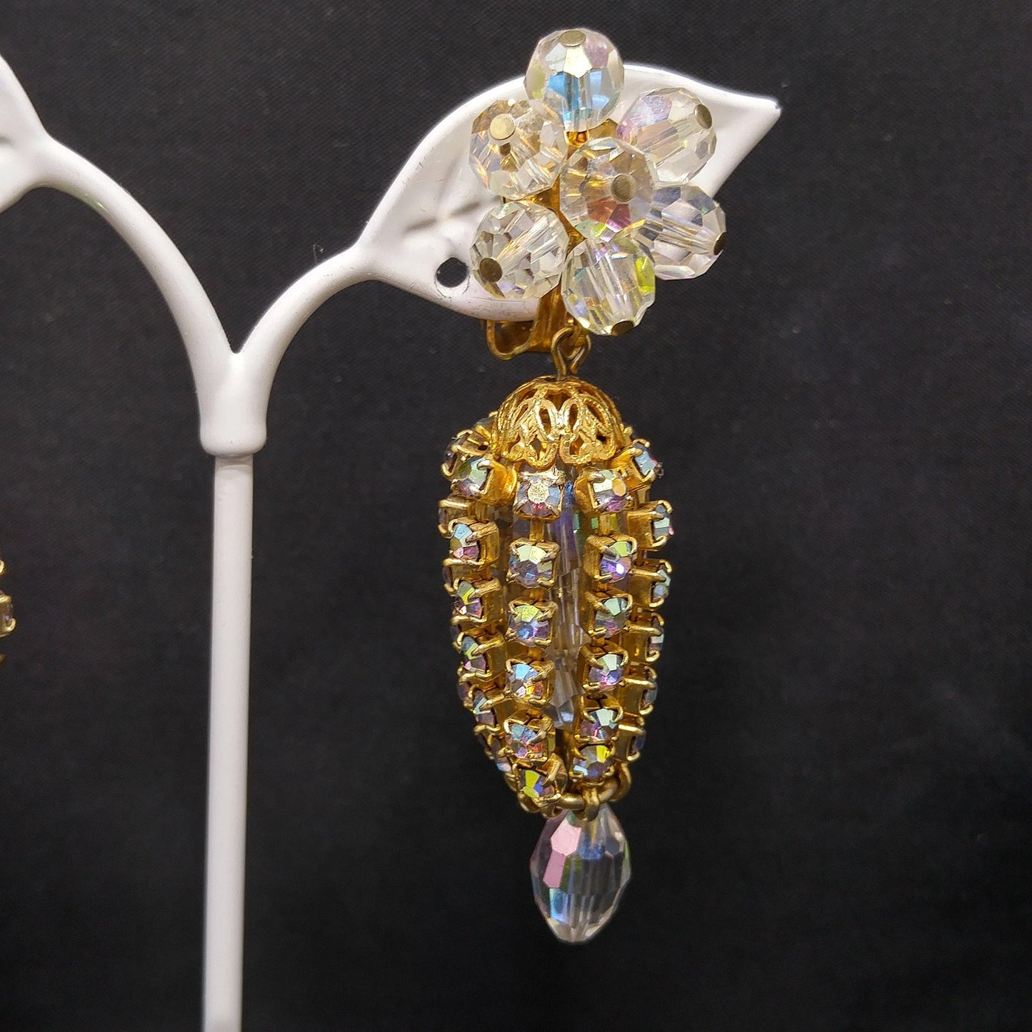 Crystal Rhinestone Dangle Clip Earrings, Aurora Borealis, 1960s Vintage Jewelry