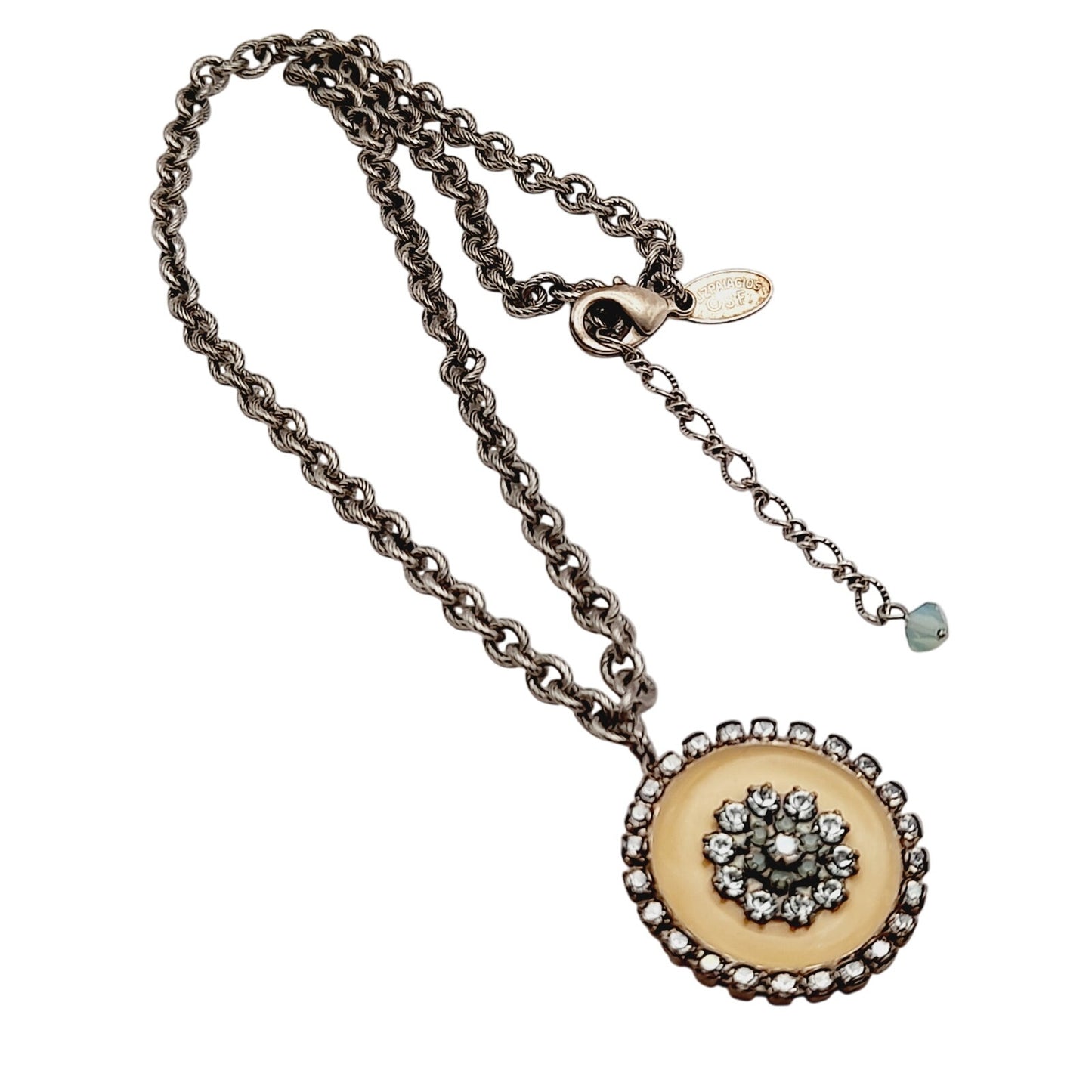 Vintage Liz Palacios Pendant Necklace – Blue Rhinestones on Cream Enamel – Gold Tone