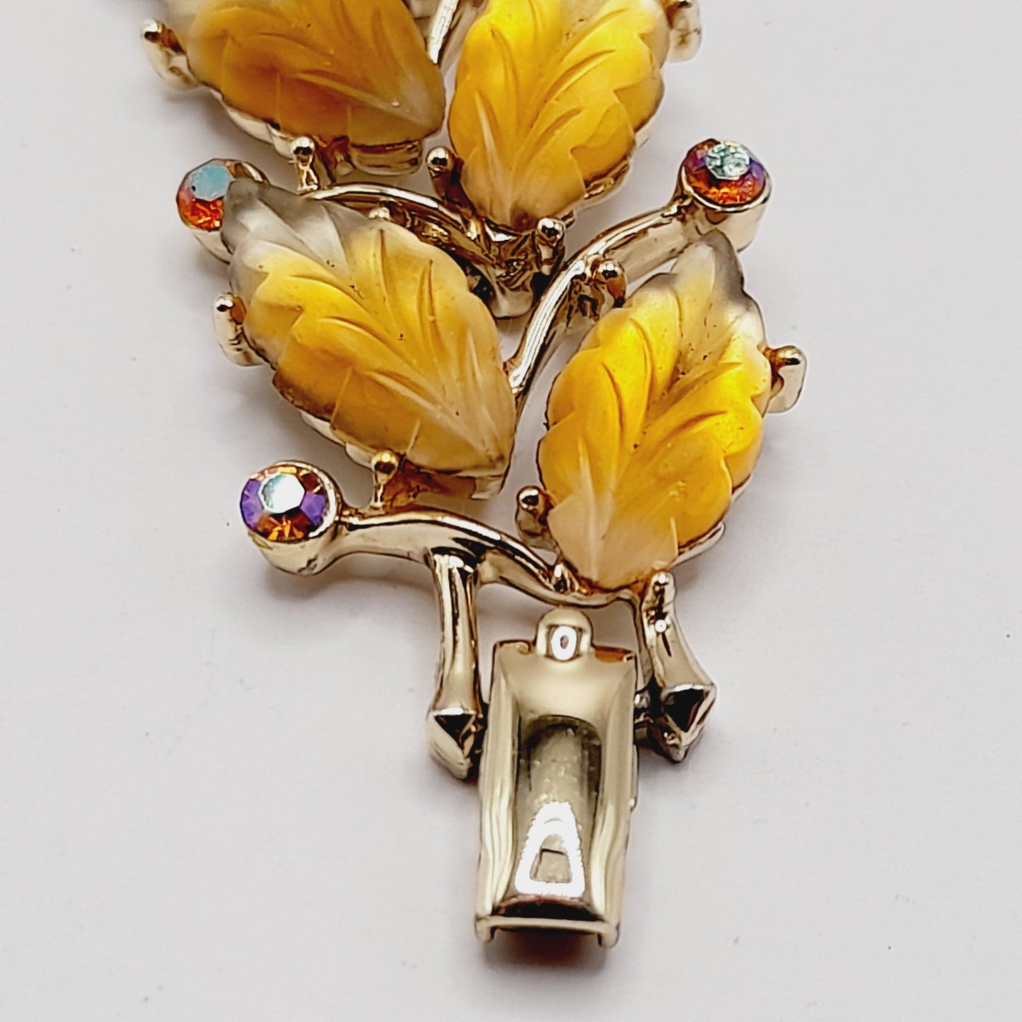 Vintage Kramer Golden Leaf Lucite AB Rhinestone Wide Bracelet