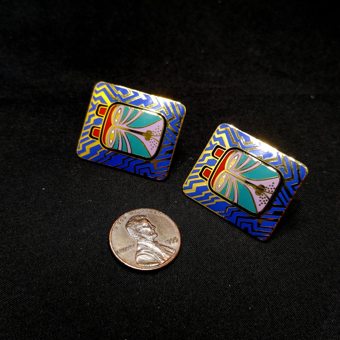 Laurel Burch "Toshio" Post Earrings, Gold Plated & Enamel Cloisonné, 1980s Vintage Jewelry