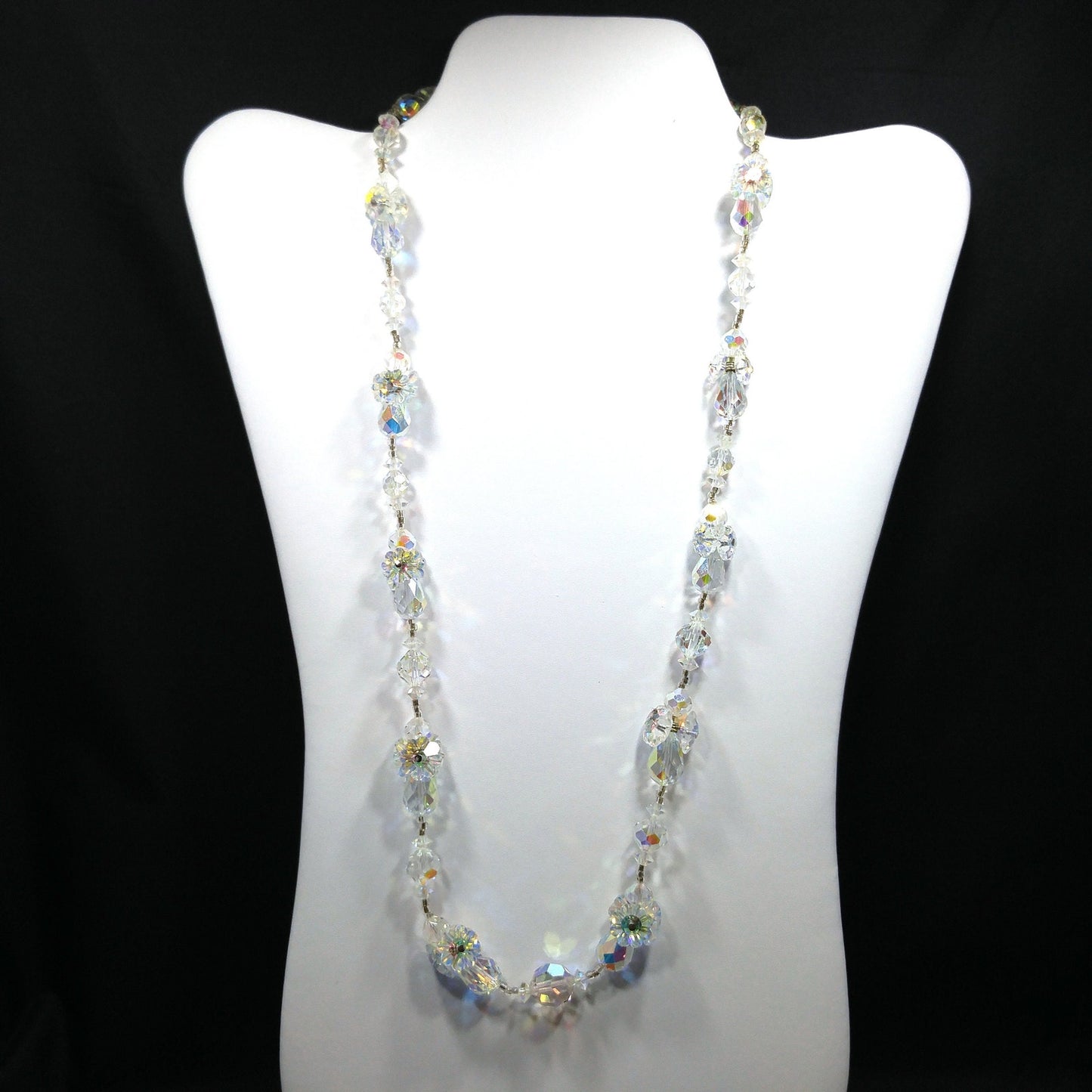 Vendome Flower Margarita Beaded Necklace, Aurora Borealis Clear Crystal Beads, 1960s Vintage Jewelry