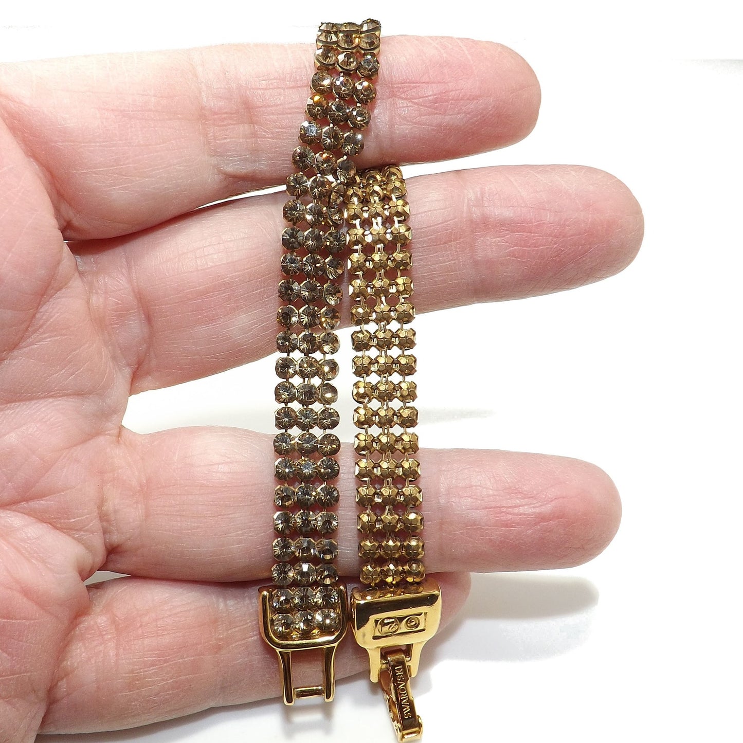 Vintage Swarovski Bracelet 1990s Swan Logo Light Topaz Rhinestone Mesh Gold 7.5"